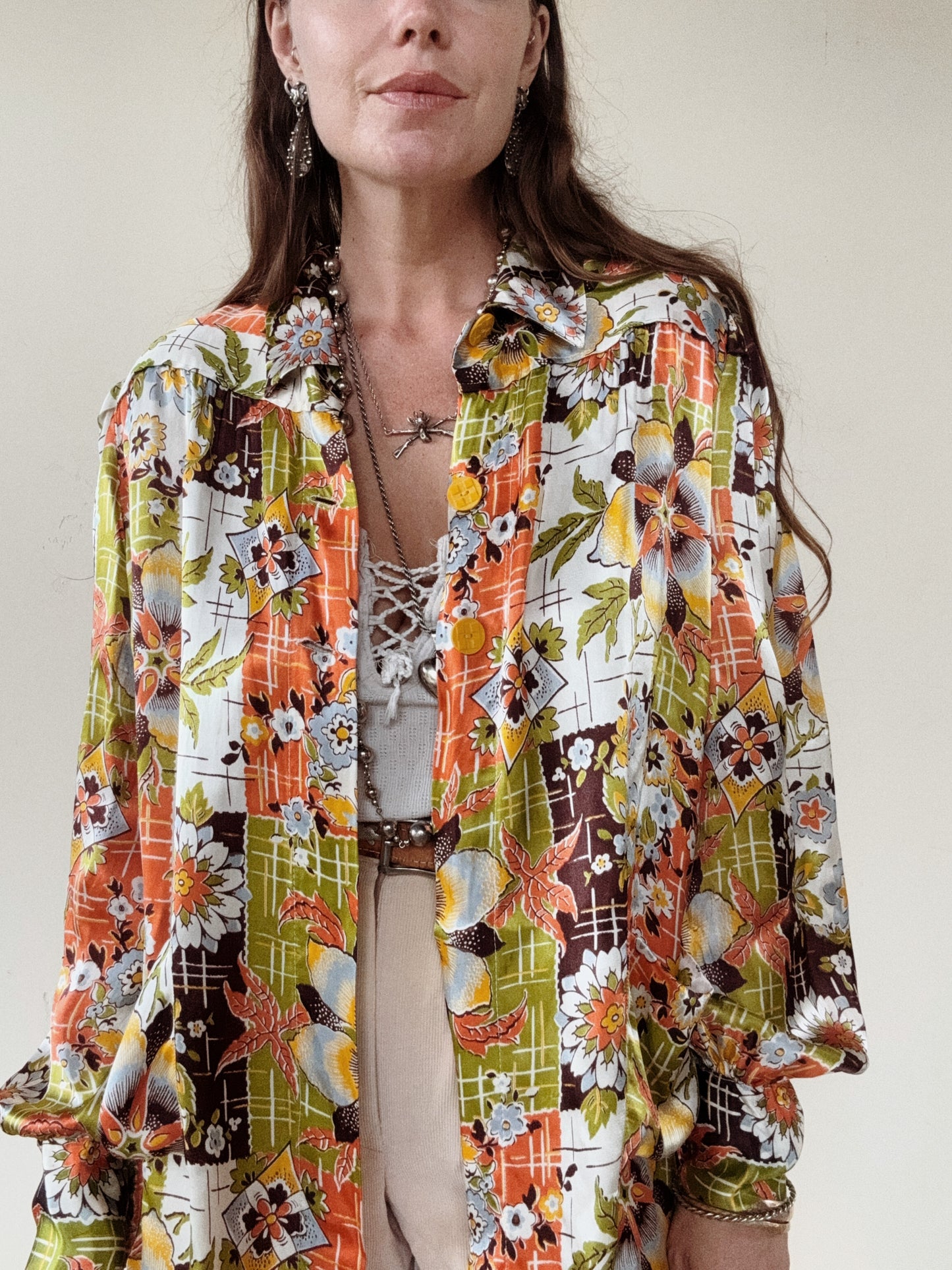 1940s Chartreuse + Orange Passionflower Satin Smock Jacket