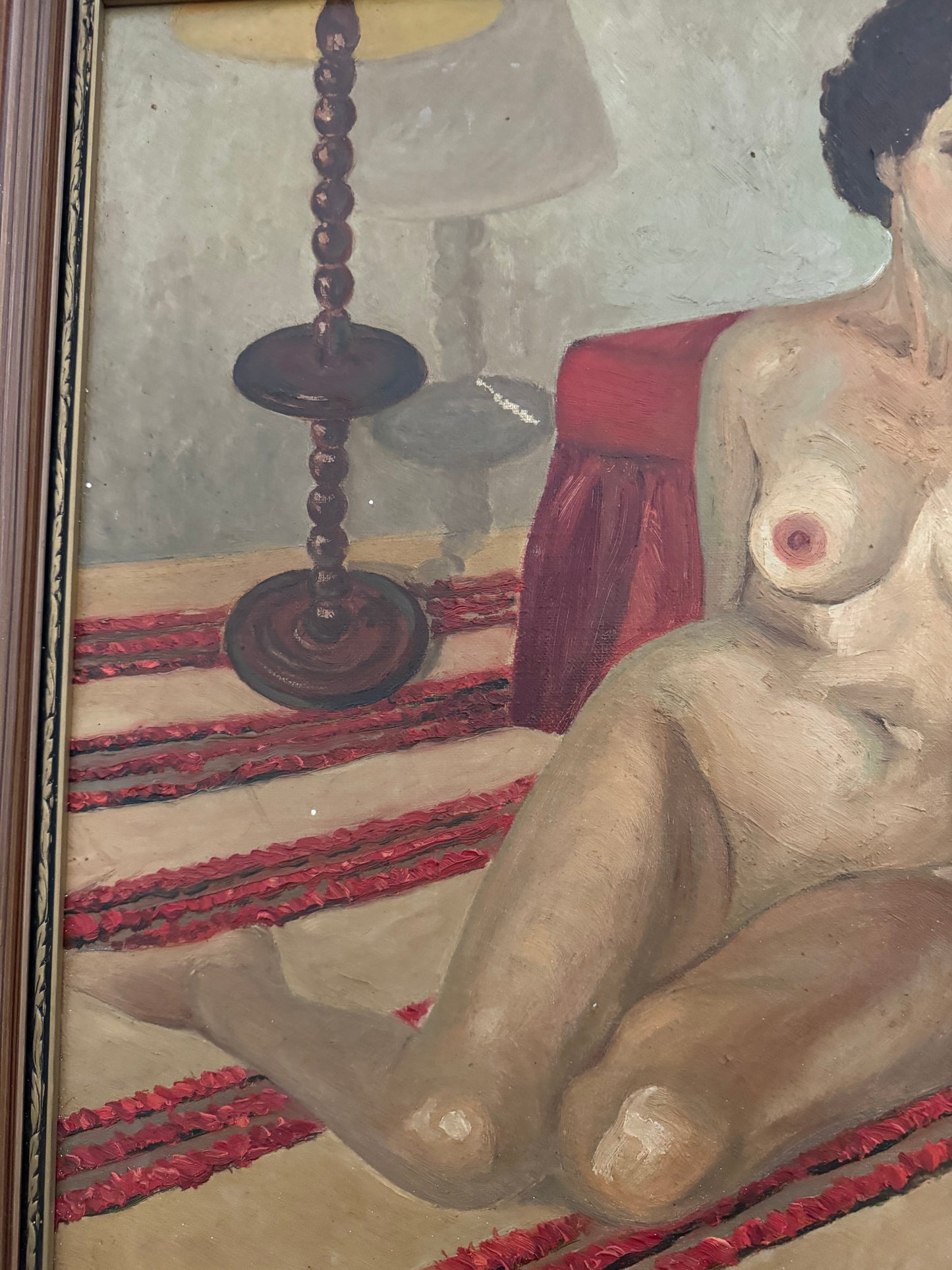 Mid Century Nude of Moroccan Woman on Red Striped Carpet- 21 x 25”