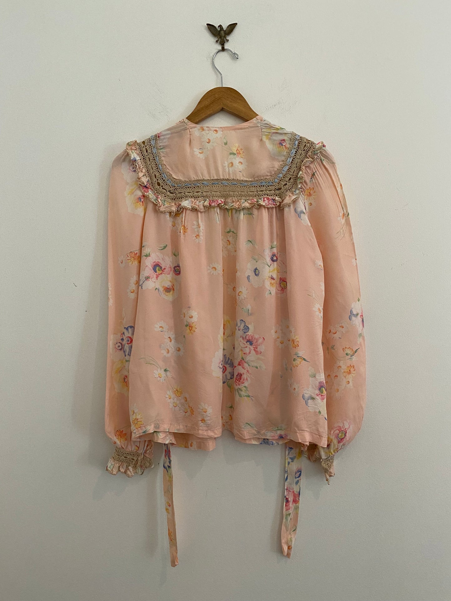 1930s/40s Rayon Jersey Crocheted Floral Bed Jacket Blouse- S/M