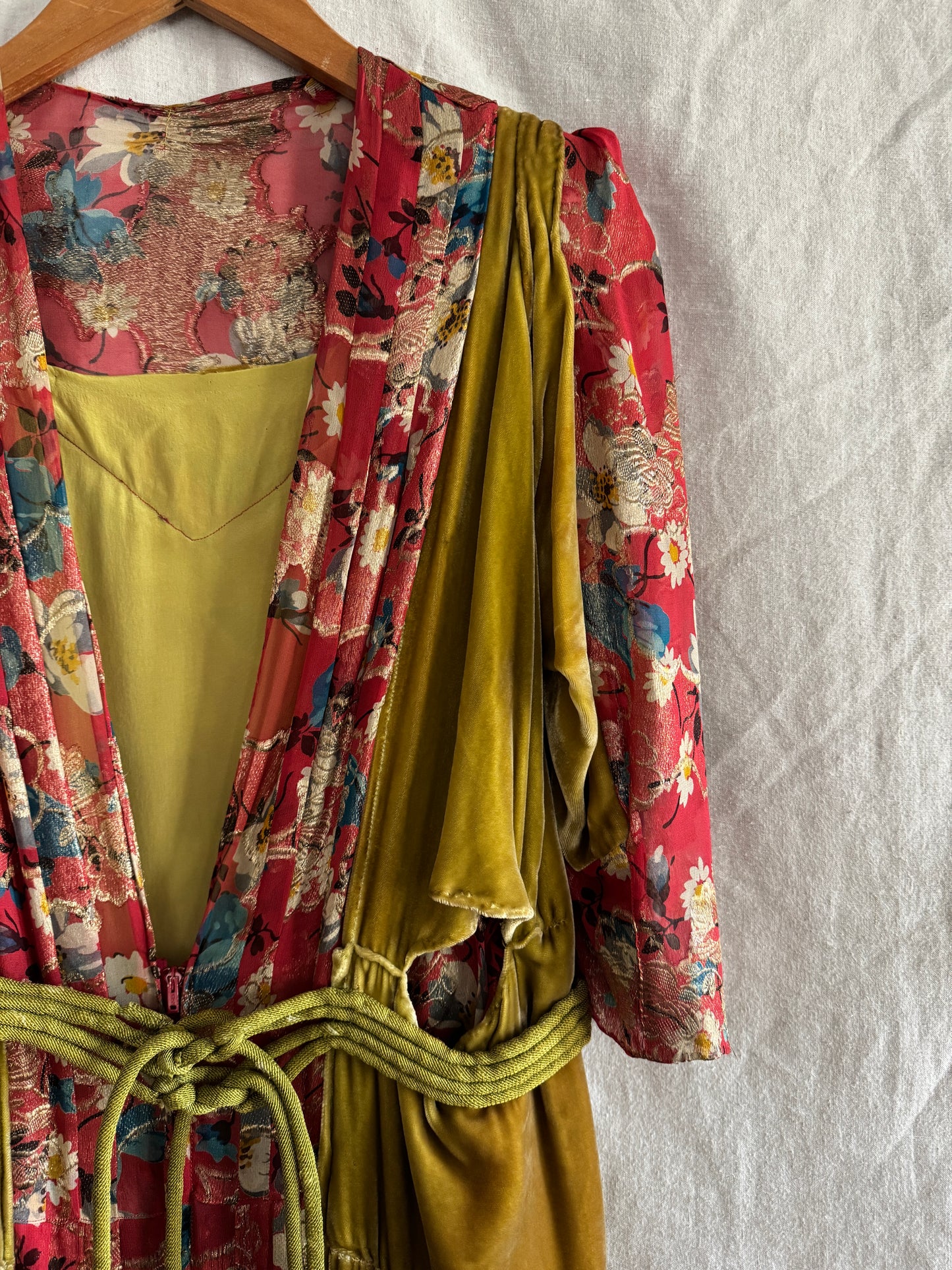 1930s Medieval Golden Velvet + Red Floral Lamé Gown- S/M