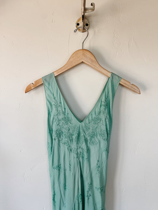 1930s Aquamarine Silk Floral Jacquard Slip Dress- S/M-M
