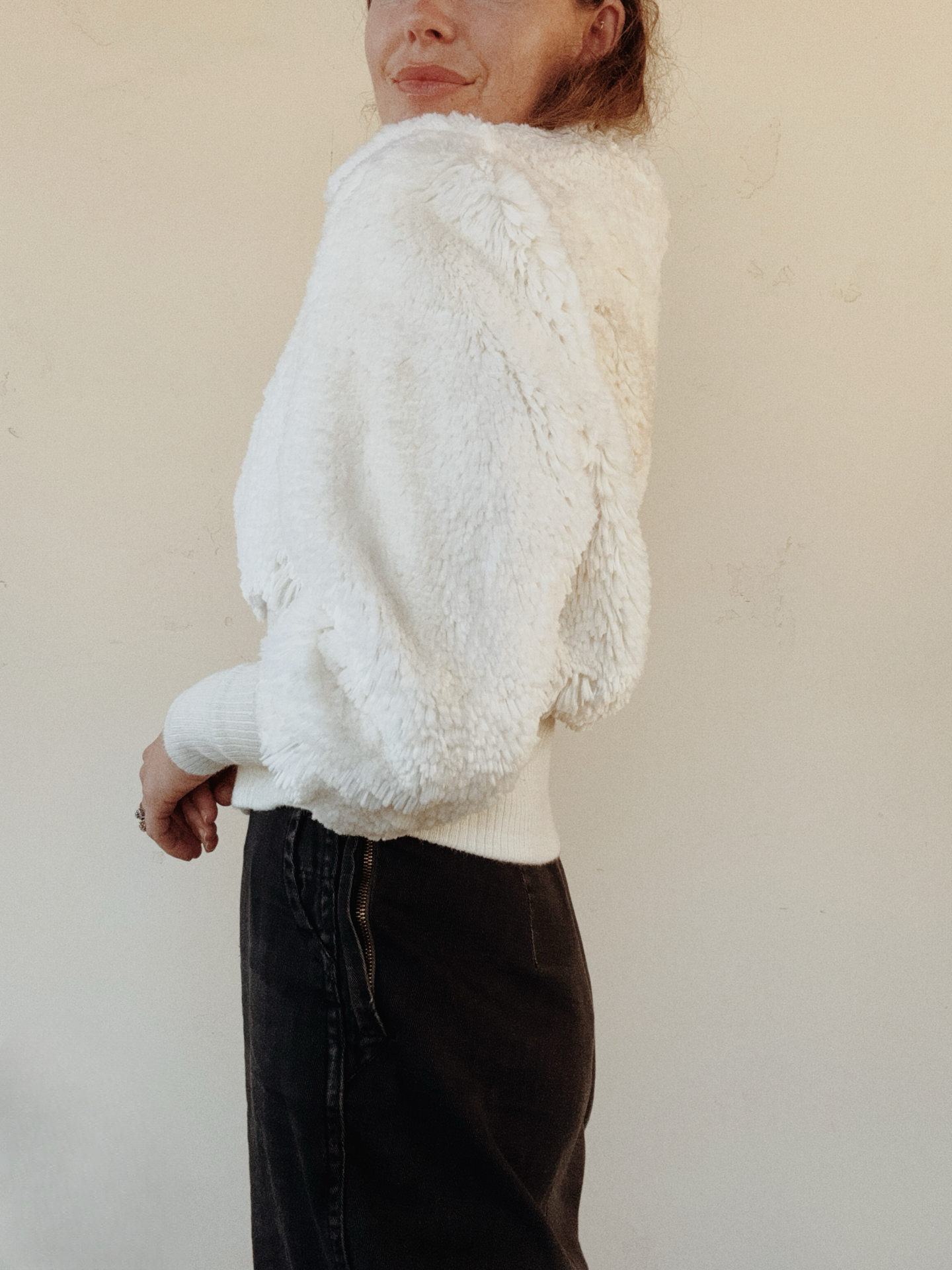 1970s White Cropped Faux Fur Jacket w/ Mutton Sleeves- M/L