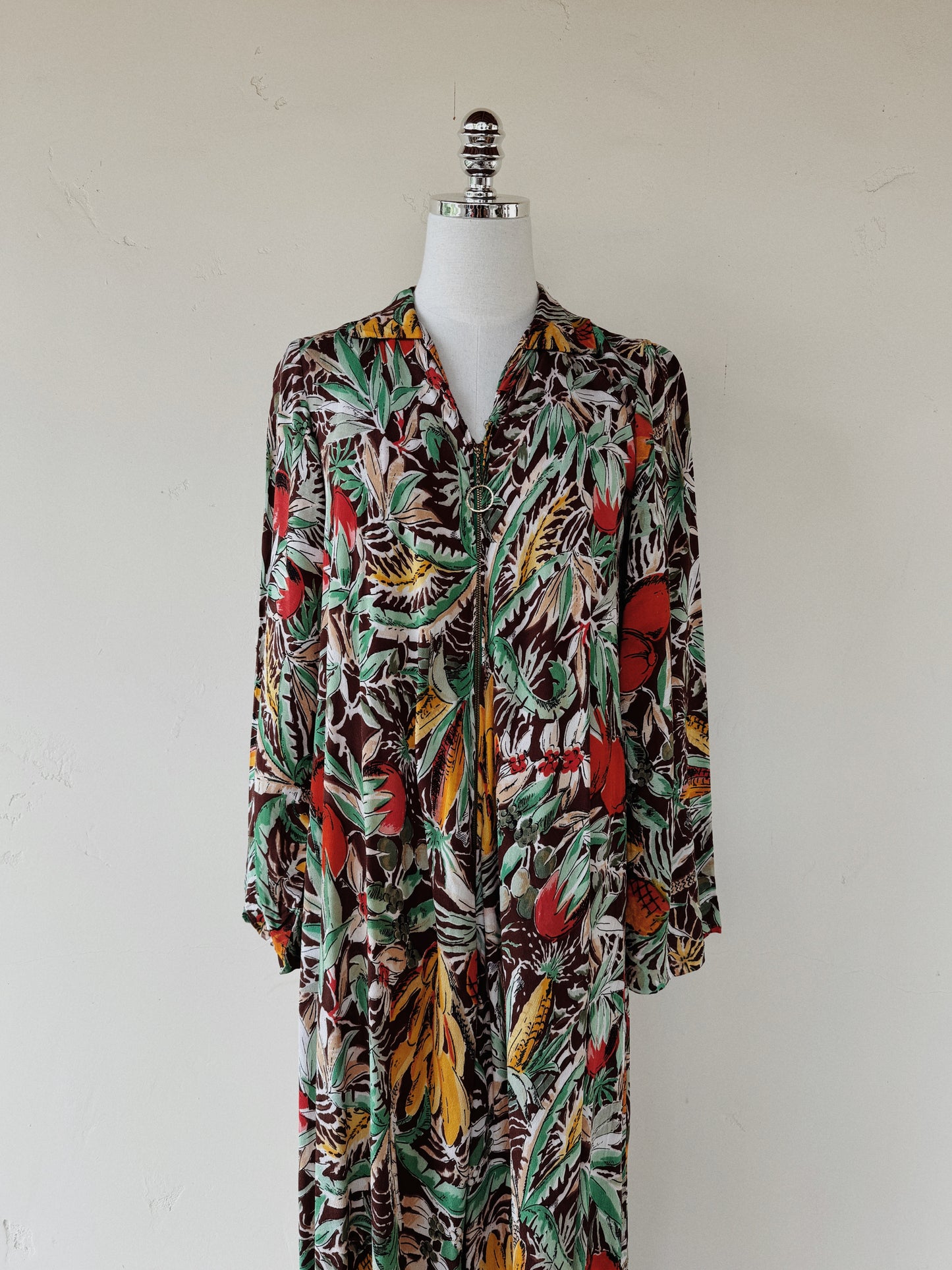 1940s Fruit Print Crepe Kaftan Dress- S/M