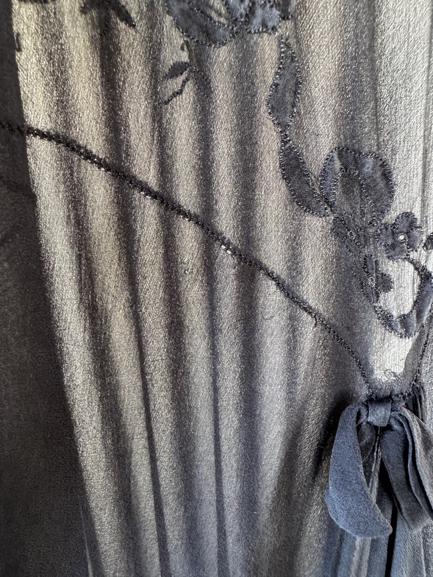 1930s Black Silk Chiffon Slip Dress w/ Floral Appliqué- S/M-M