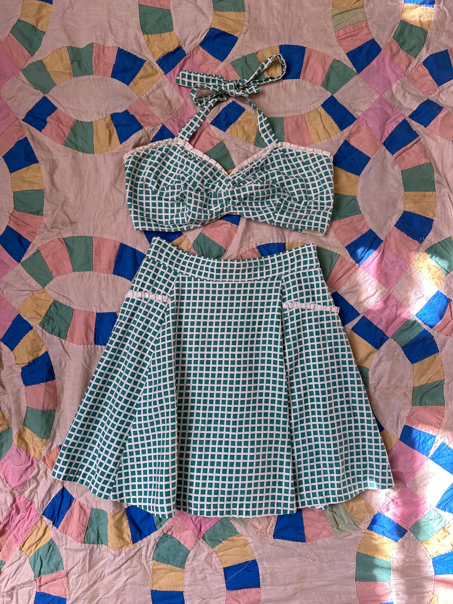 1940s White + Green Cotton Playsuit Set- XS/S