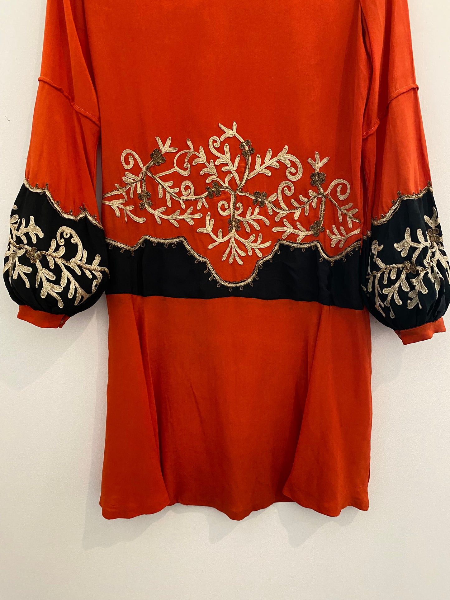 1920s Carnelian Silk Crepe Soutache Dress w/ Bishop Sleeves- XS/S