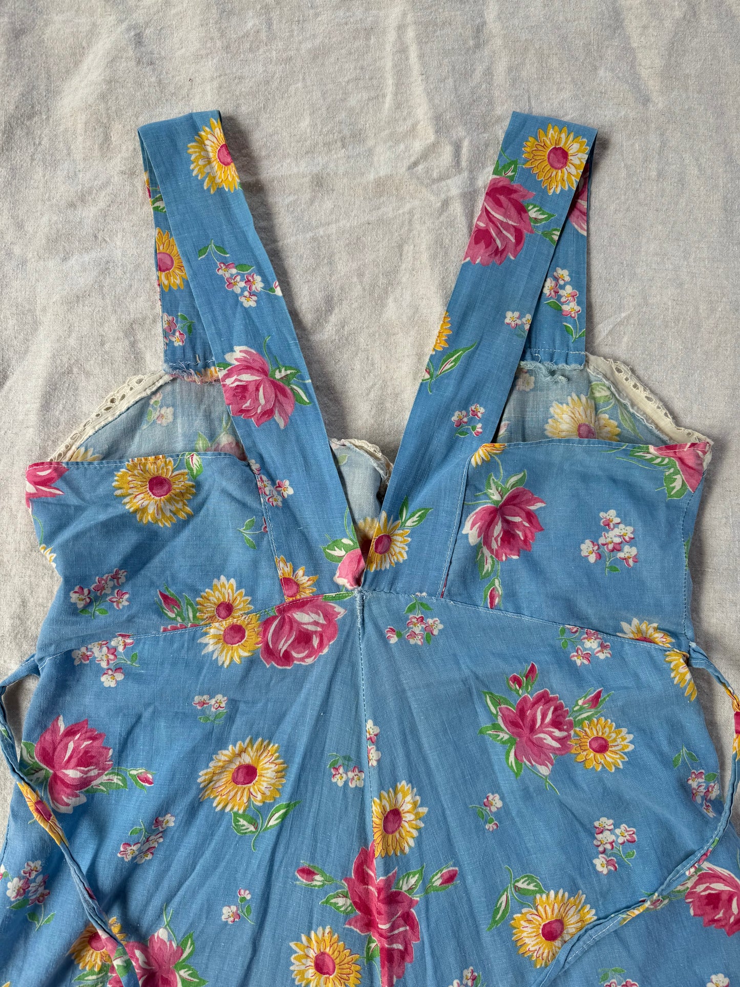 1940s Sky Blue Floral Cotton Playsuit- S