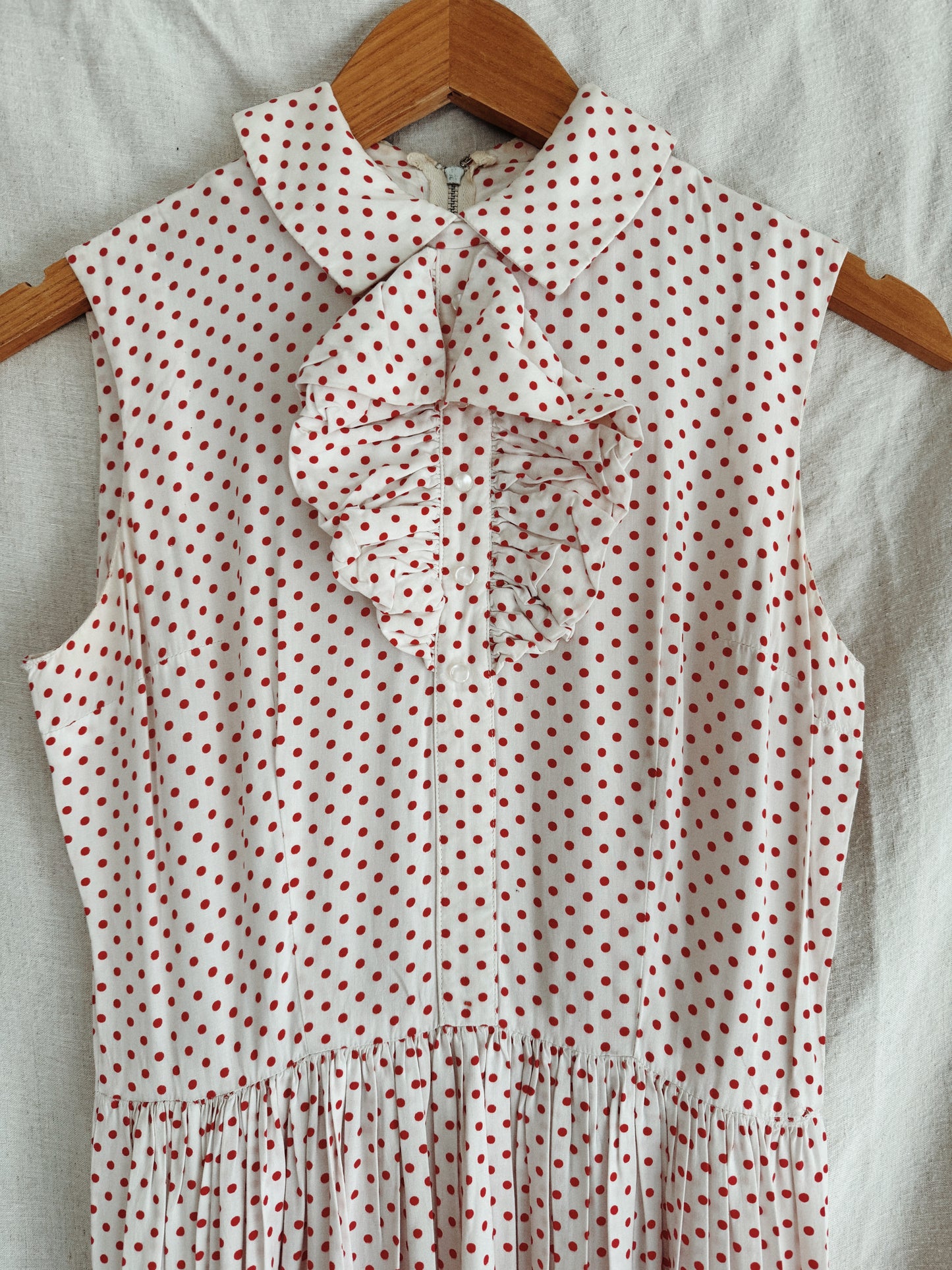 1940s/50s Cold Rayon White + Red Polka Dot Day Dress- S
