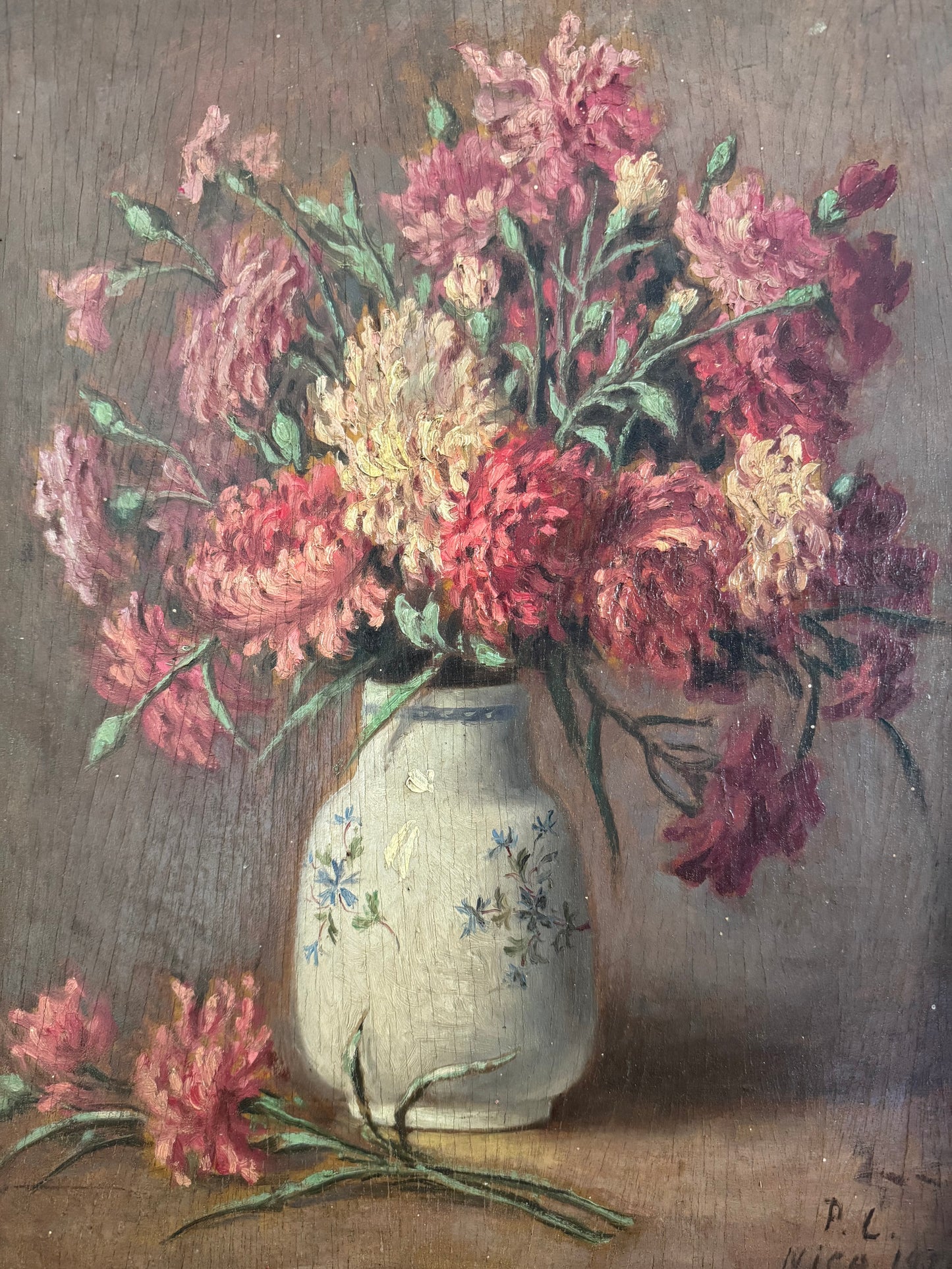 1920s Floral Still Life in Gilt Frame Oil on Wood- 18 x 16”