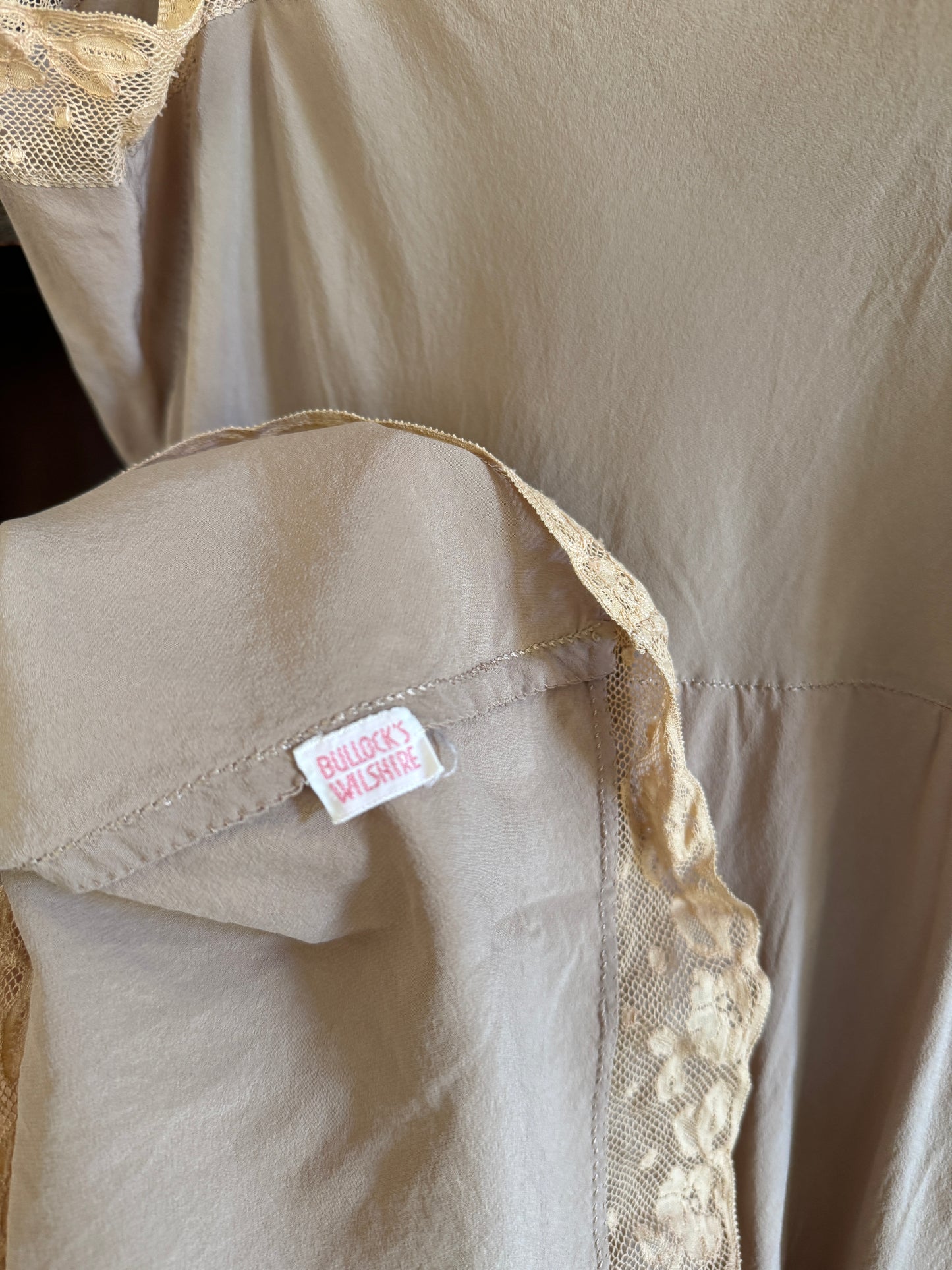1930s Creamy Mocha Silk Slip Dress w/ Lace + Foliage Appliqué- S