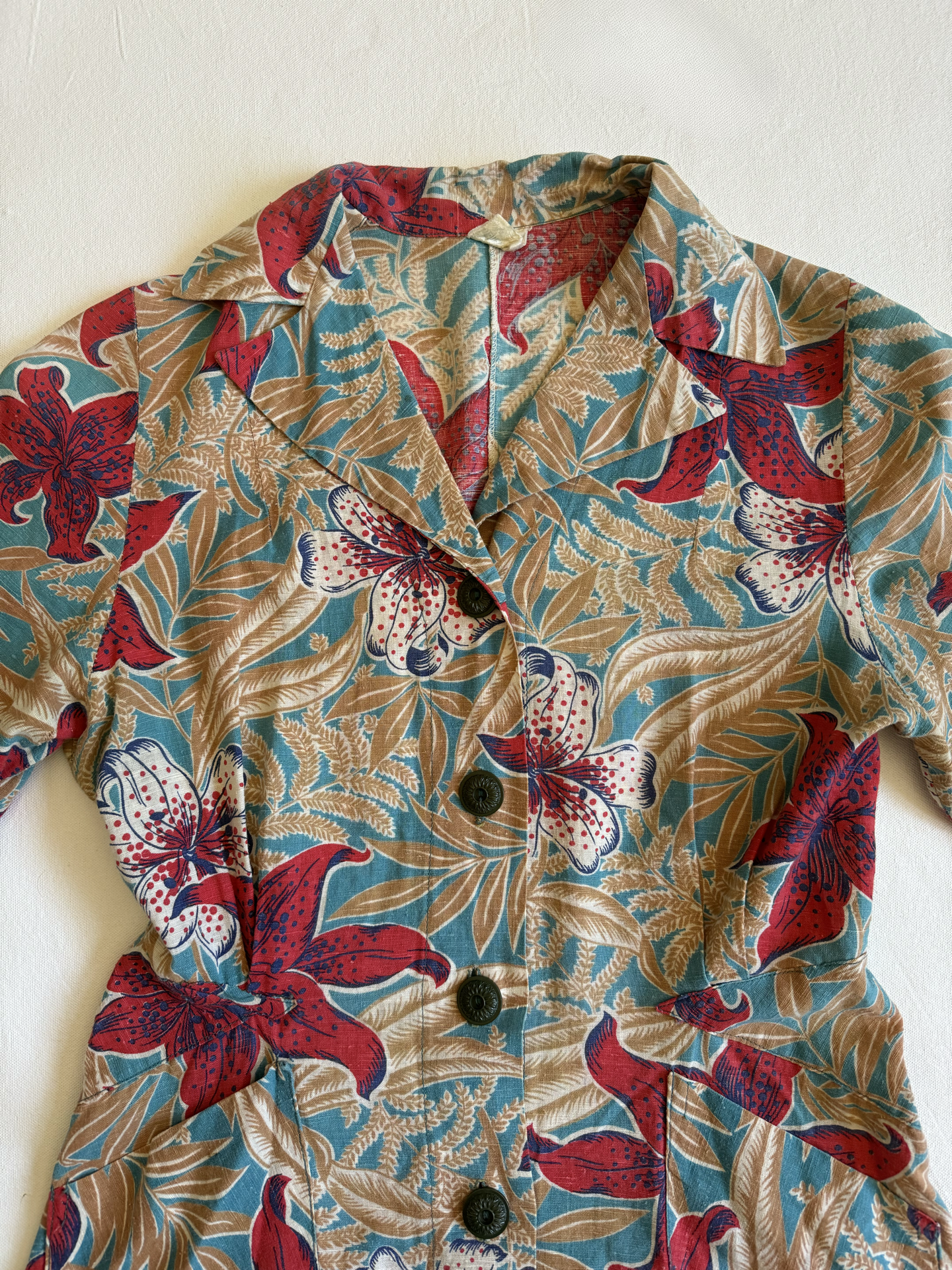 1940s Hawaiian Floral Cotton Blouse- S