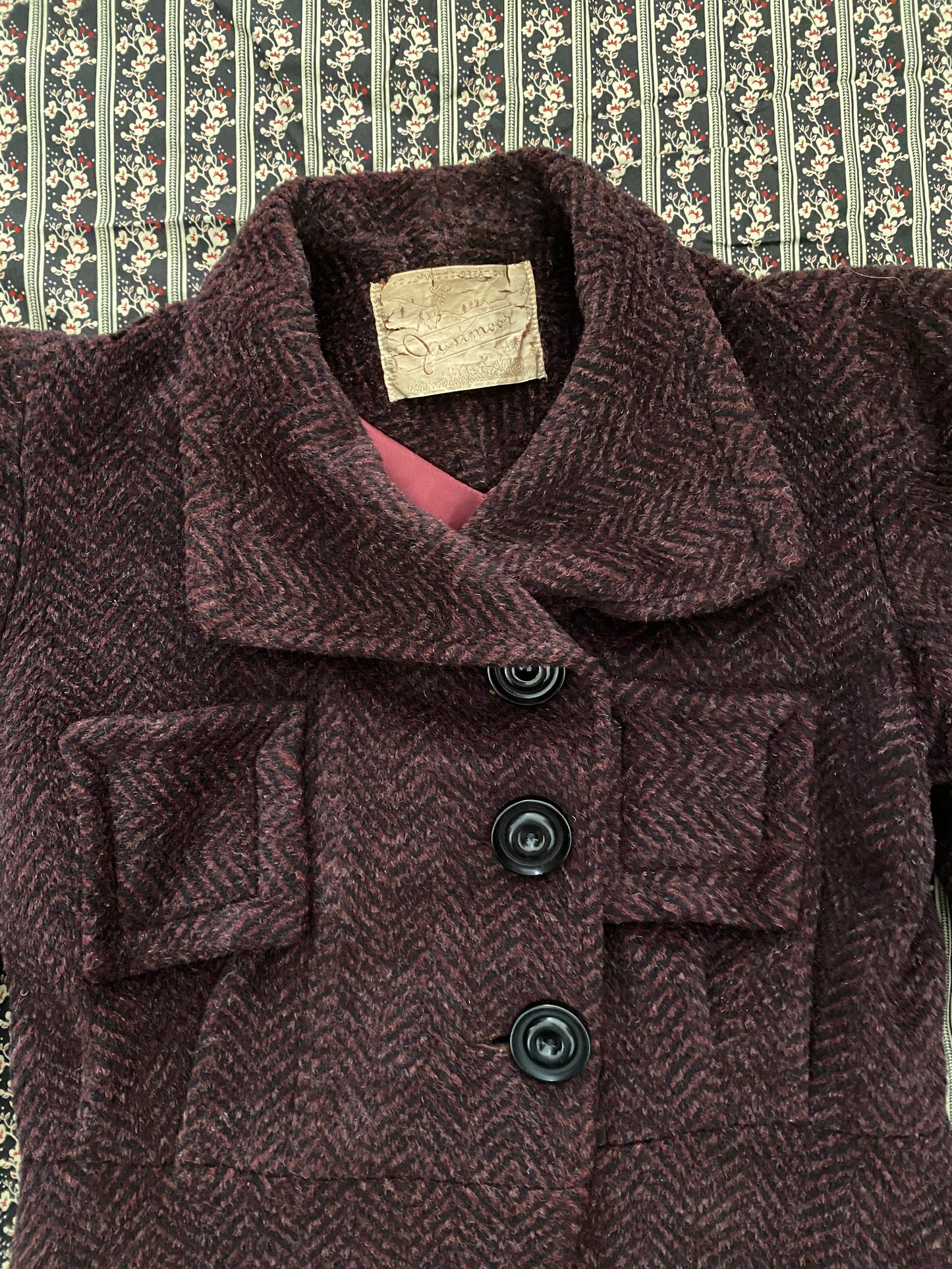1930s Brown + Purple Chevron Puffed Sleeve Coat- M/L