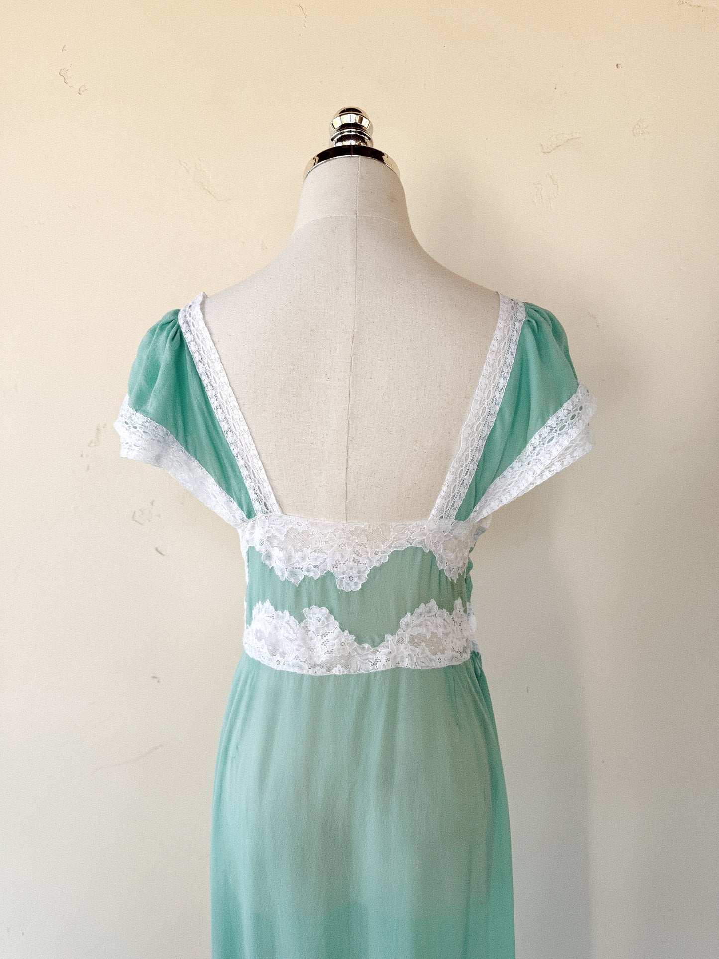 1930s Aquamarine Silk Chiffon + Lace Slip Dress- S-S/M
