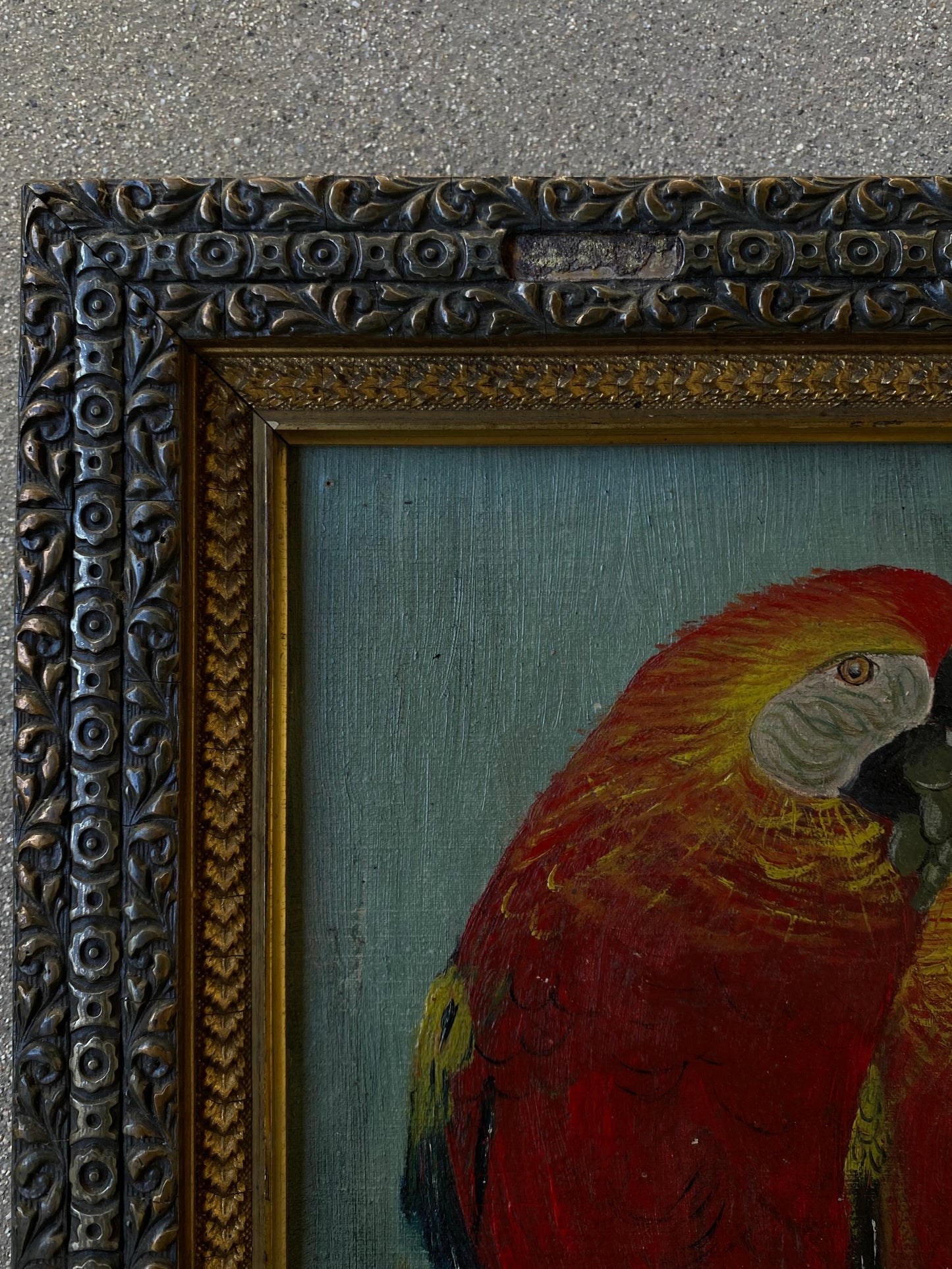 Antique Oil Painting of Parrots in Gilt Frame, Dated 1919- 16 x 18”