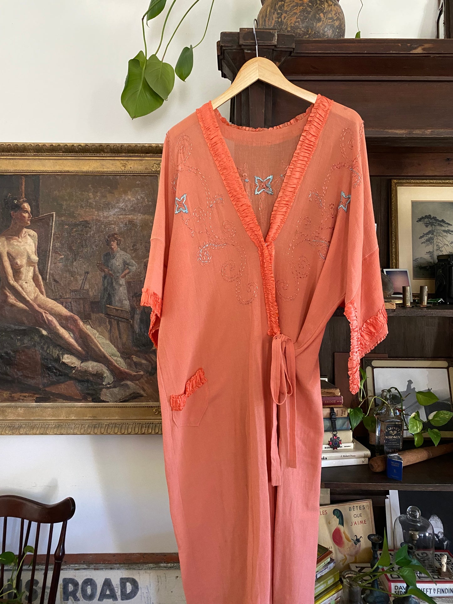 1920s Dusty Pink Embroidered Crepe Robe Dress- M/L