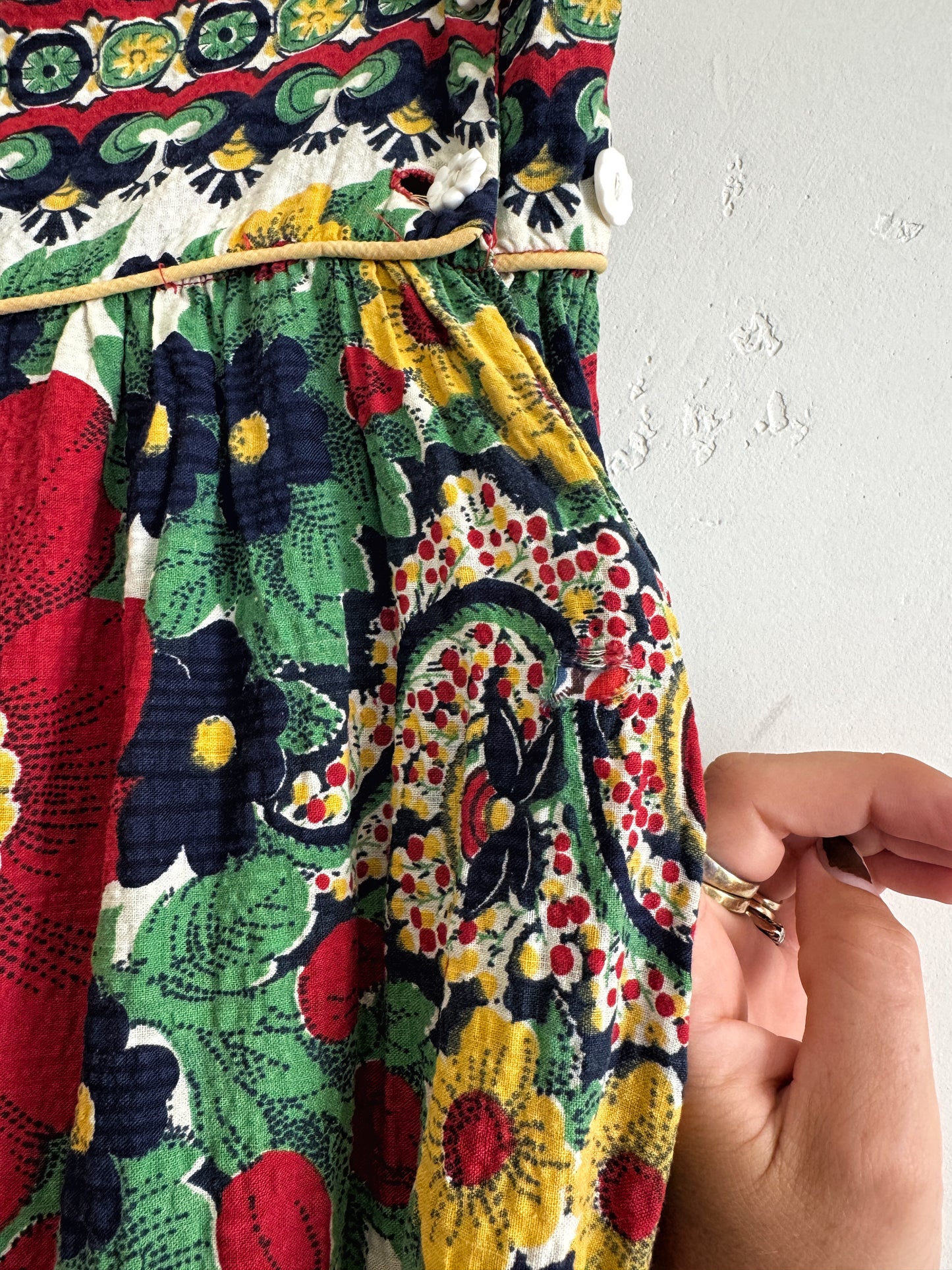 1940s Red + Navy Floral Seersucker Maxi Skirt- S/M