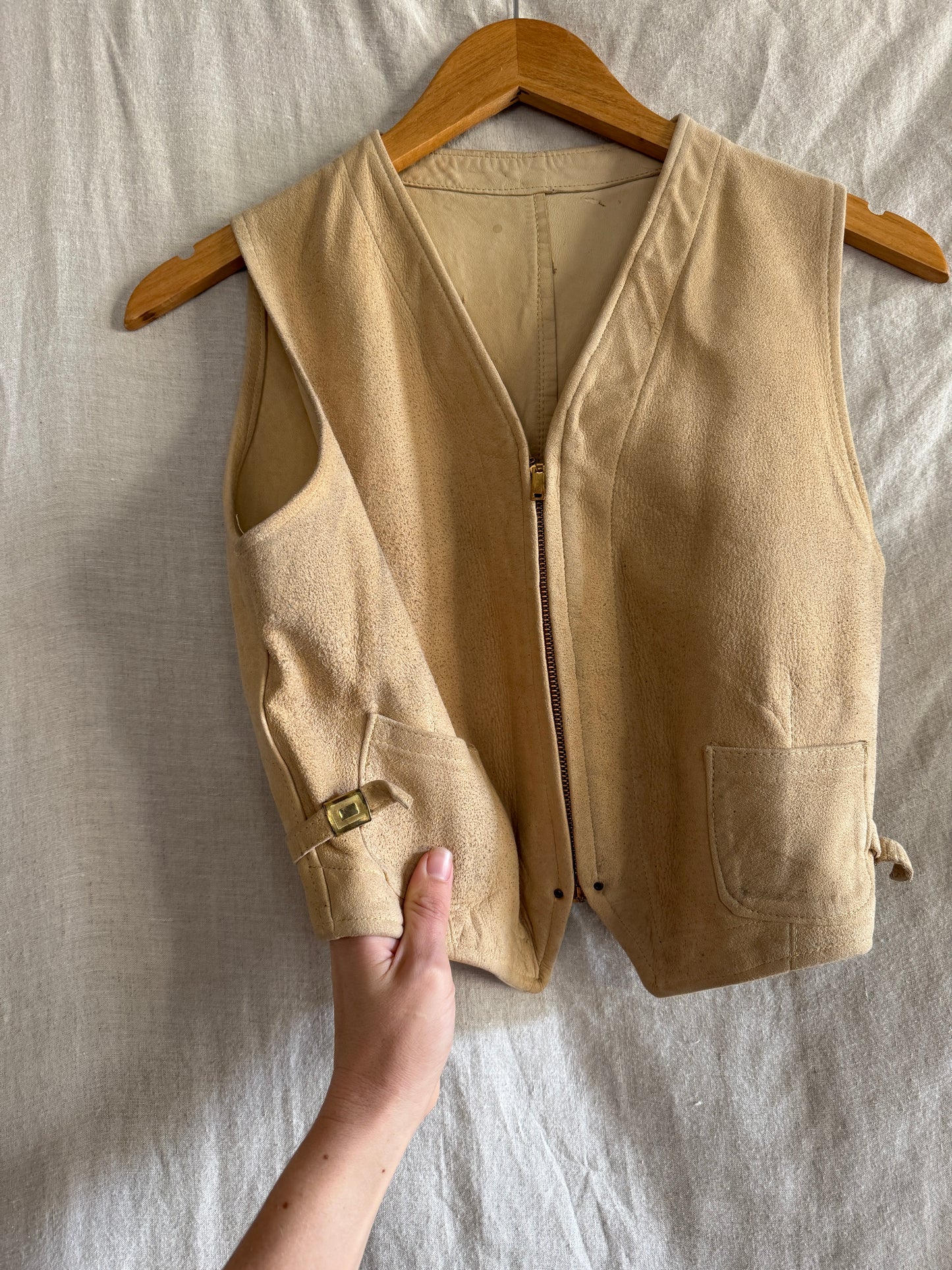1930s Cropped Sand Suede Vest w/ Brass Talon Grommet Zip + Side Cinches- S