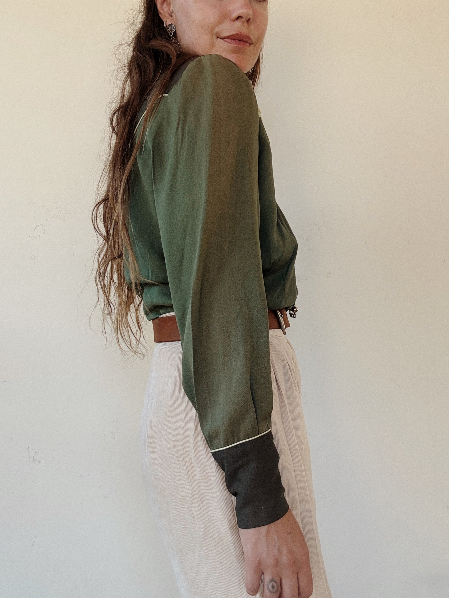1940s Emerald Tri-Tone Gabardine Western Blouse- M