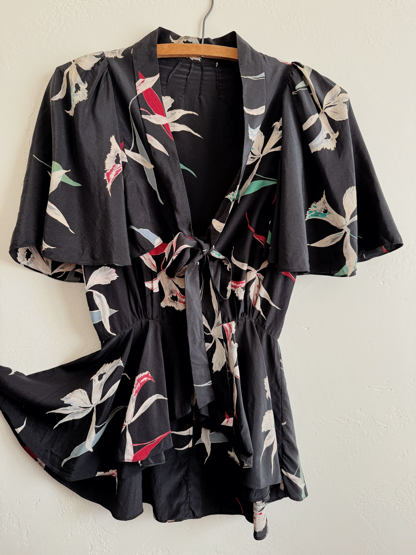 1930s/40s Black Orchid Silk Blouse w/ Flutter Sleeves- XS/S
