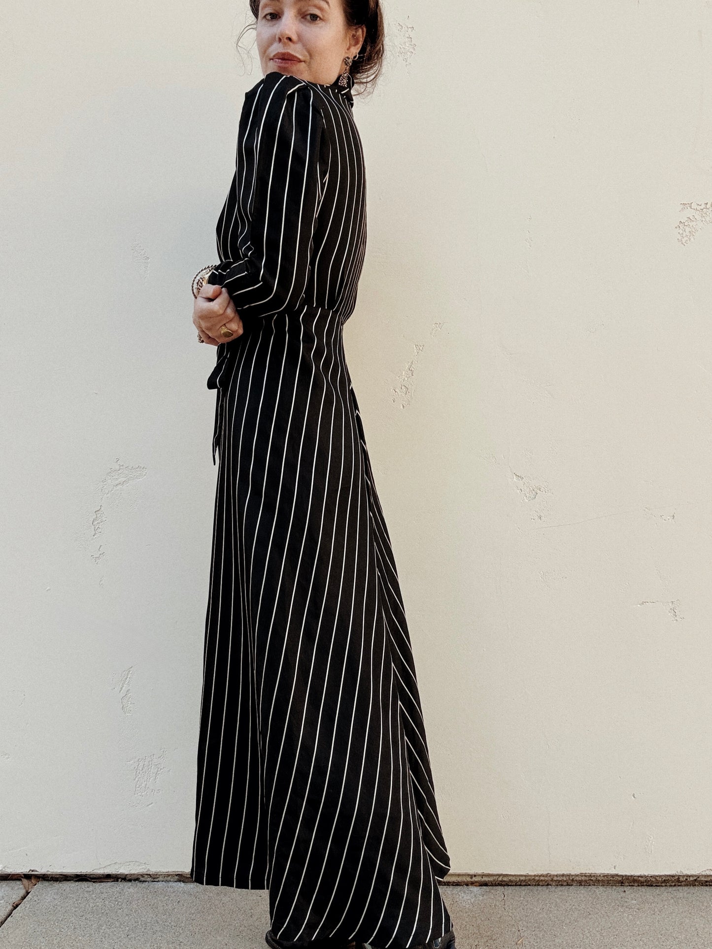 1940s Black Pinstripe Zipper Front Dressing Gown- S/M