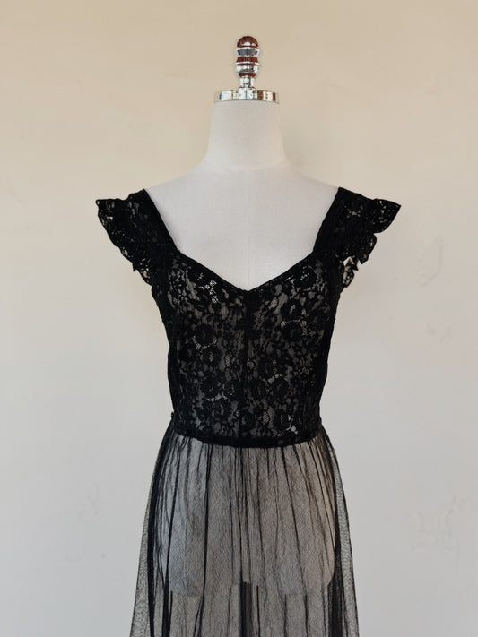 1930s/40s French Black Lace + Bobbinet Flutter Shoulder Slip Dress- S