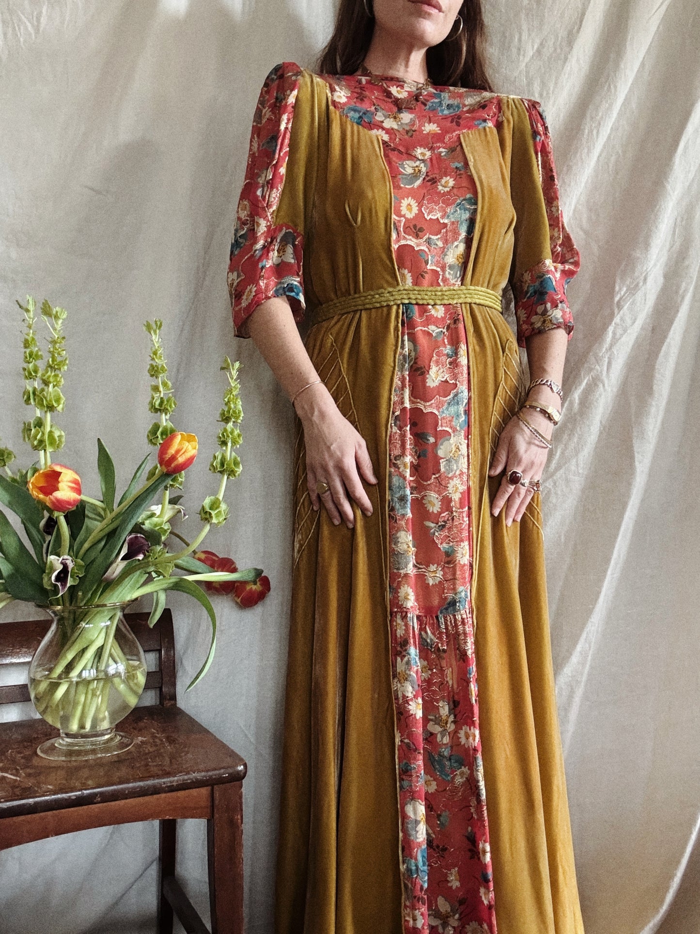 1930s Medieval Golden Velvet + Red Floral Lamé Gown- S/M