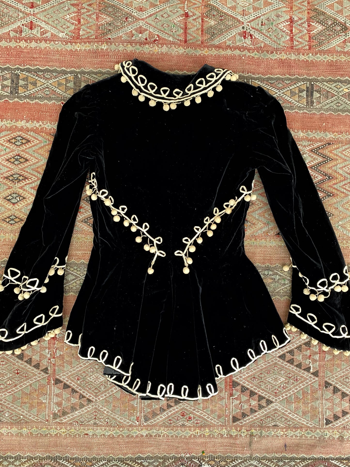 Victorian Black Velvet Tailored Jacket w/ Pom Poms and Peter Pan Collar- S