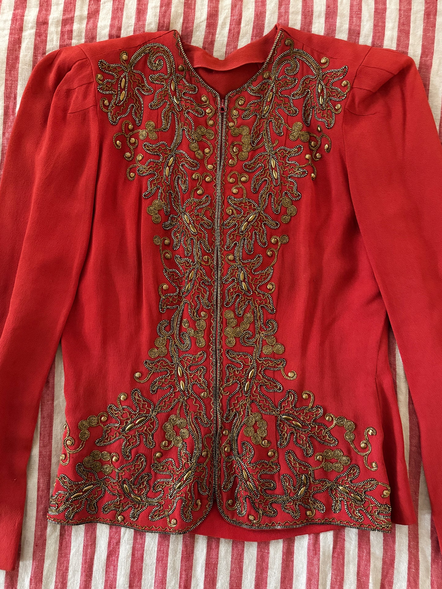 1930s Heavily Studded Muted Red Jacket w/ Gold Bullion- S/M-M