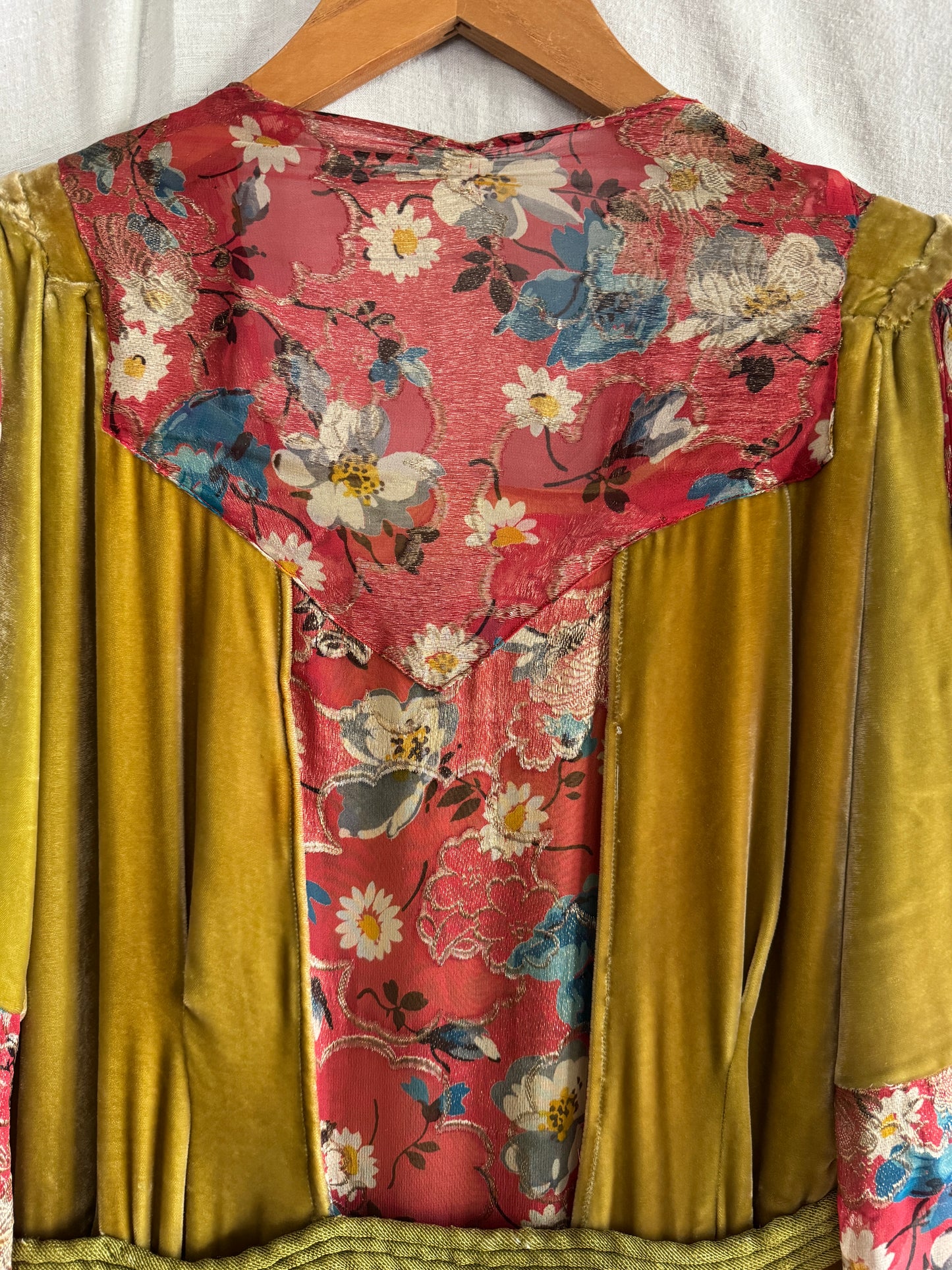 1930s Medieval Golden Velvet + Red Floral Lamé Gown- S/M