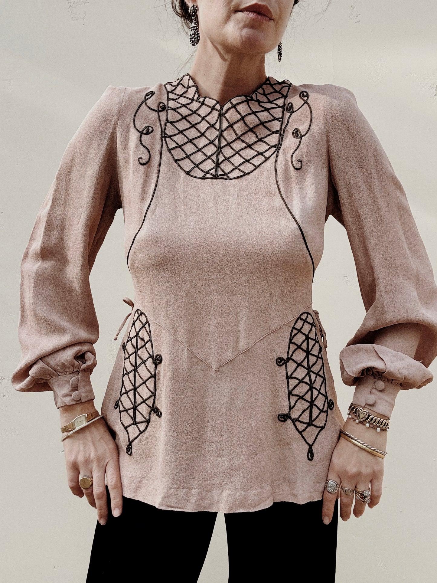1940s Dusty Mauve Crepe Lattice Blouse w/ Lace Up Sides- S/M