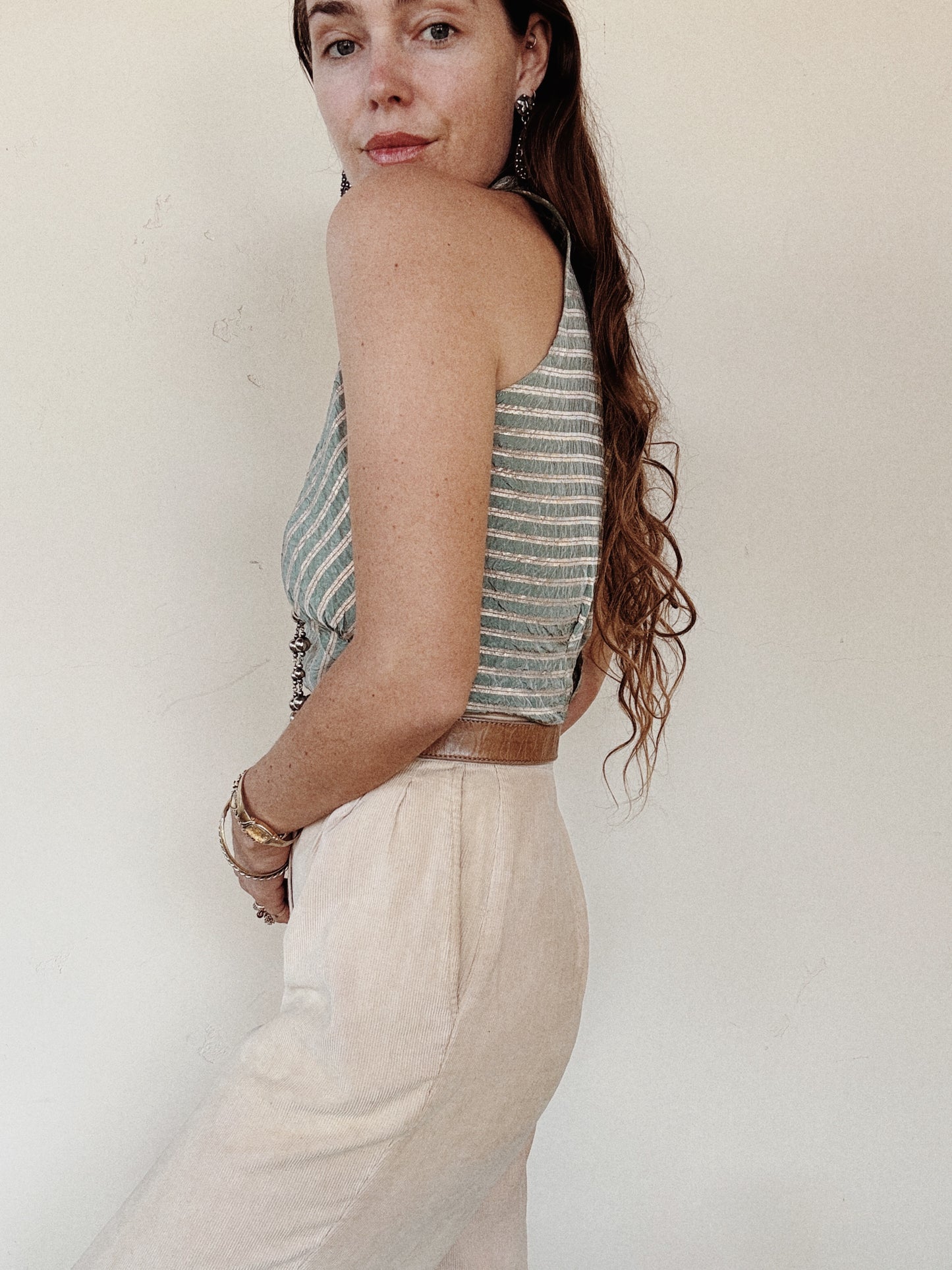 1930s Sea Foam Lamé Dagger Collar Halter Top- S/M