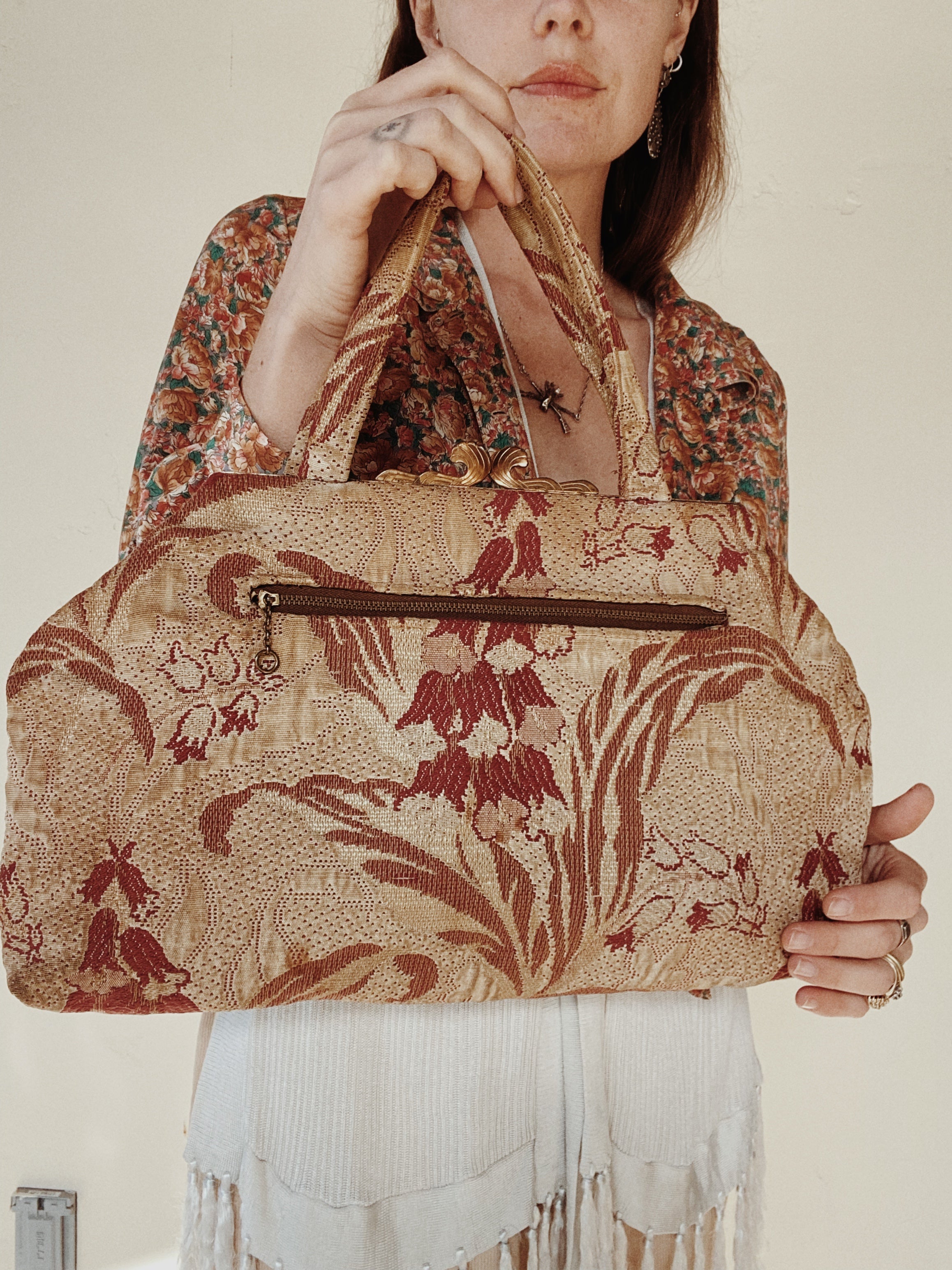 1940s Large Jacquard Handbag w/ Brass Chain Zipper by Betsy Ross