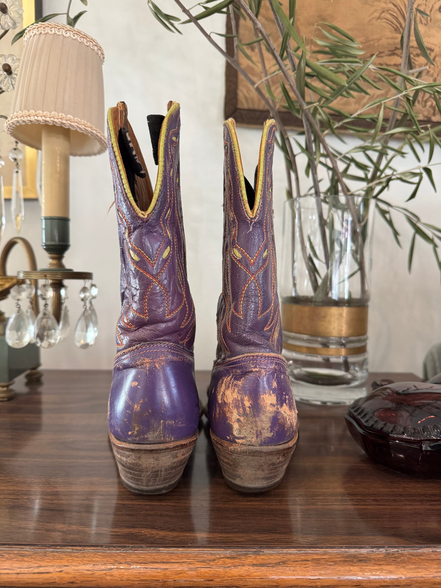 1950s Purple + Chartreuse Acme Inlay Cowboy Boots- 6