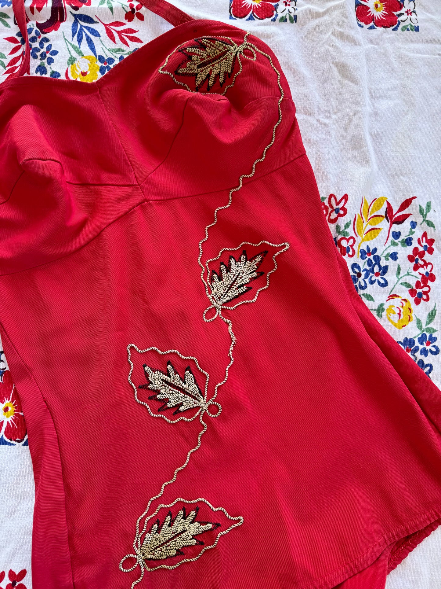 1950s Crimson Bullet Bra Halter Bathing Suit w/ Soutache Design- M/L