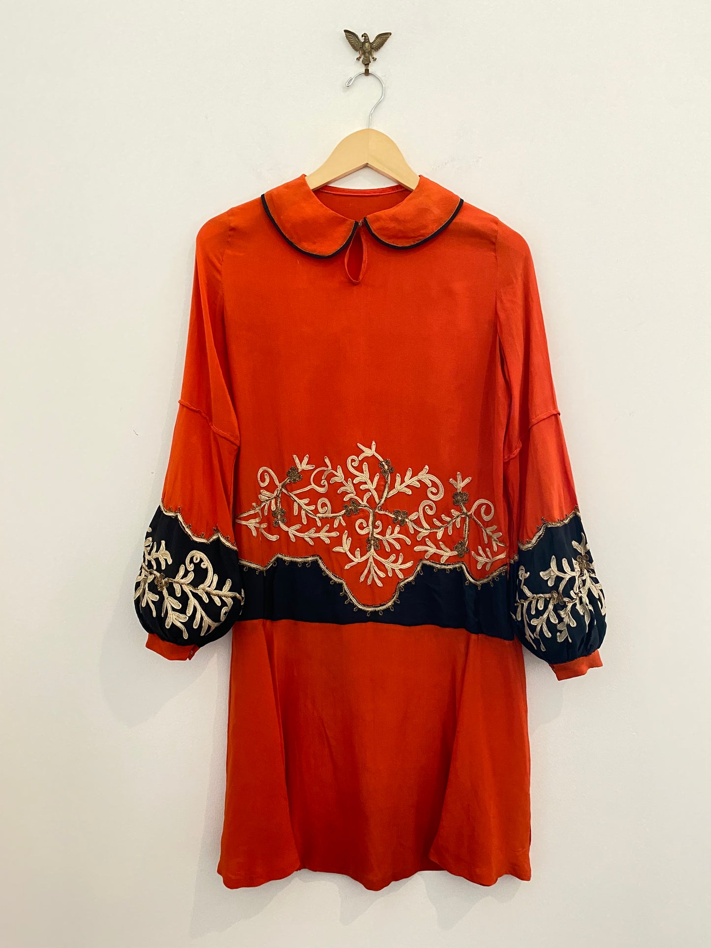 1920s Carnelian Silk Crepe Soutache Dress w/ Bishop Sleeves- XS/S