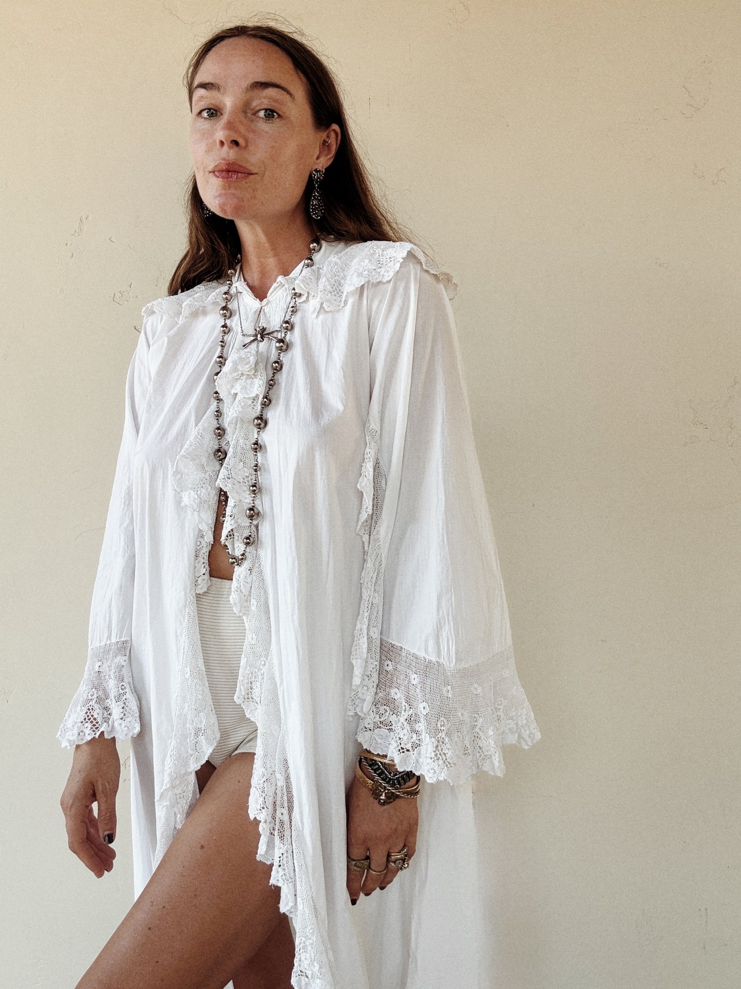 Edwardian White Angel Sleeve Boudoir Robe w/ Handmade Lace- S-S/M