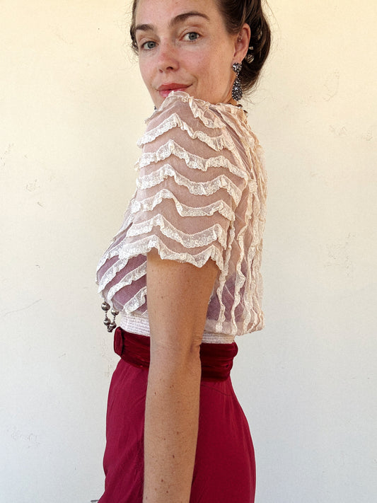 1930s/40s Blossom Pink Net + Lace Babydoll Blouse- S/M