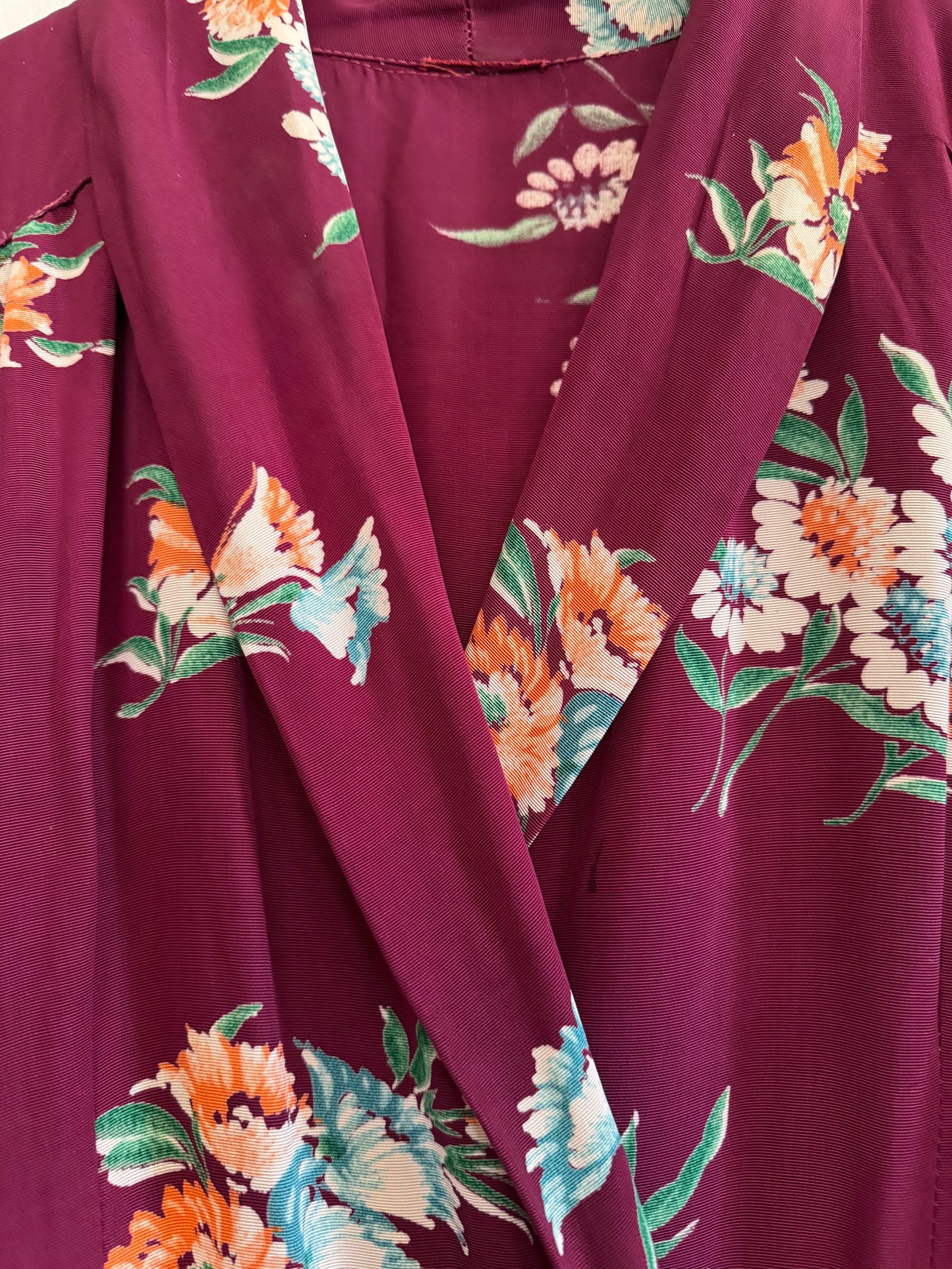 1940s Burgundy Floral Rayon Dressing Gown- M