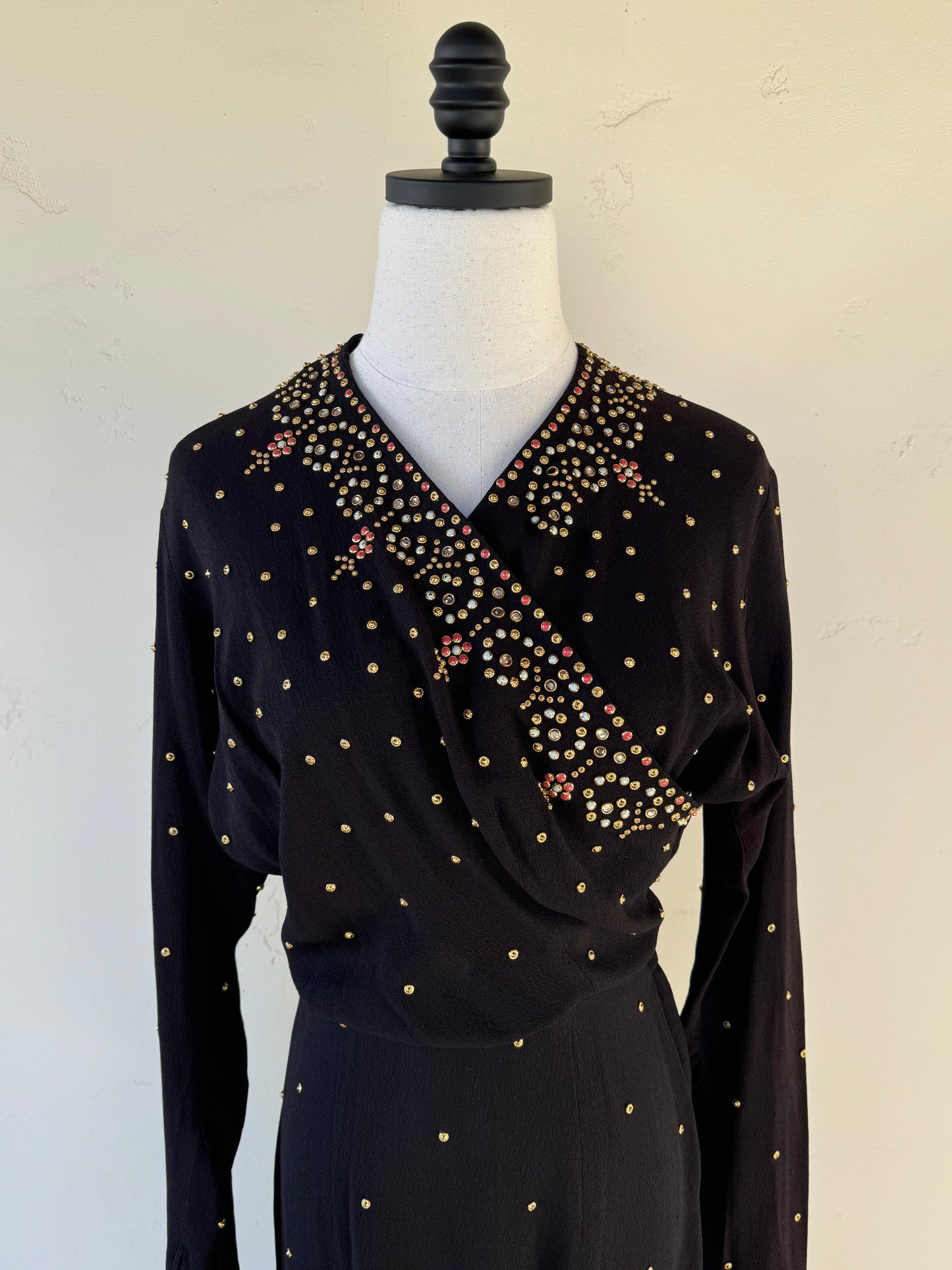 1940s Heavily Encrusted Rhinestone + Studded Crepe Evening Gown- M/L