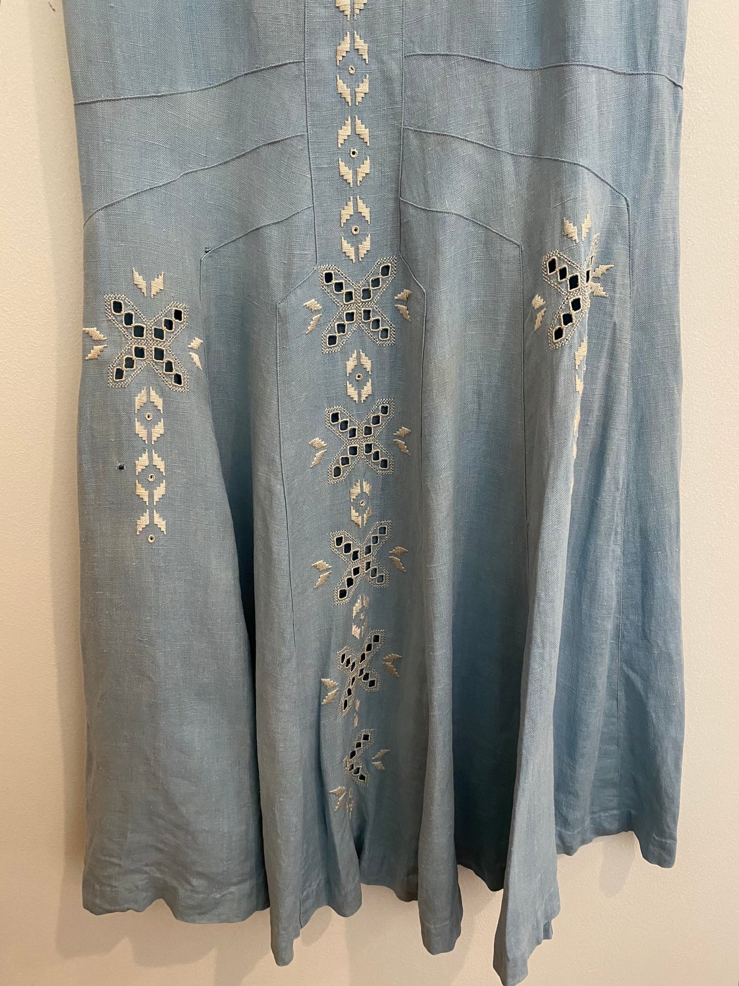 1920s Pale Blue Embroidered Linen Drop Waist Dress- M/L
