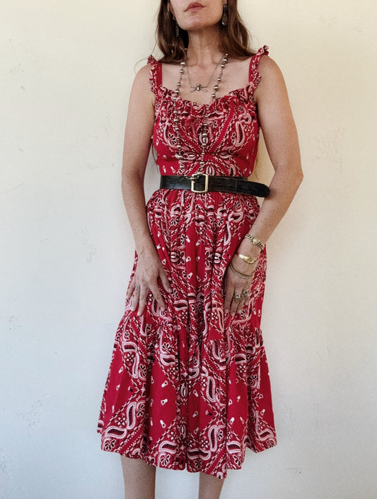 1950s Red Paisley Western Cowgirl Swing Dress- S