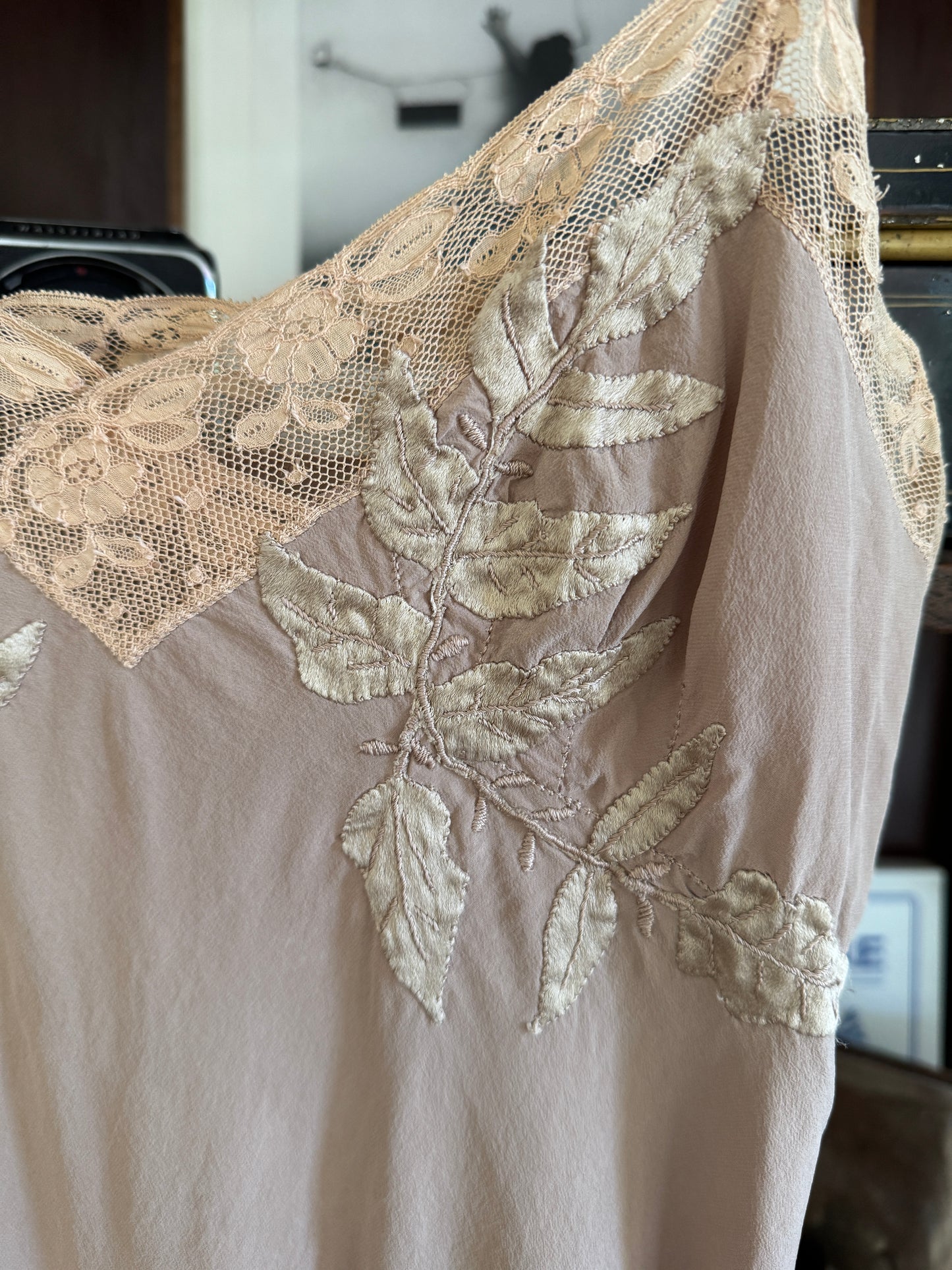 1930s Creamy Mocha Silk Slip Dress w/ Lace + Foliage Appliqué- S