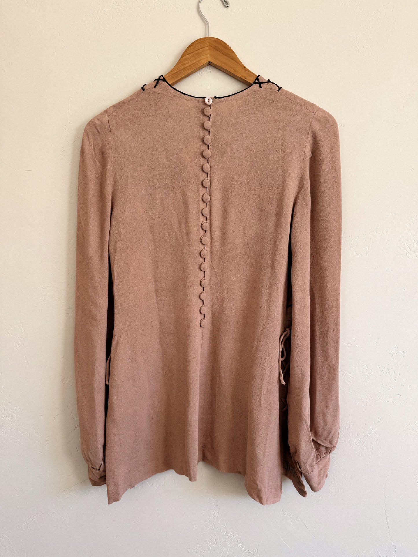 1940s Dusty Mauve Crepe Lattice Blouse w/ Lace Up Sides- S/M