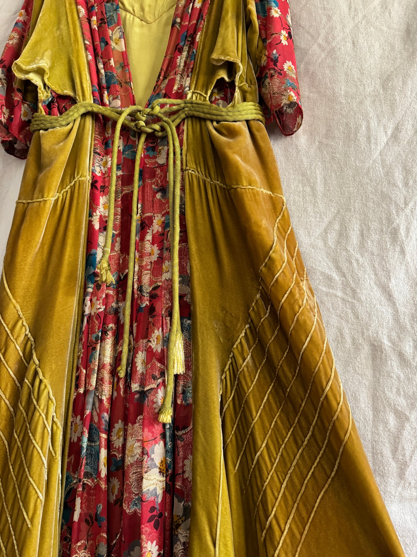 1930s Medieval Golden Velvet + Red Floral Lamé Gown- S/M