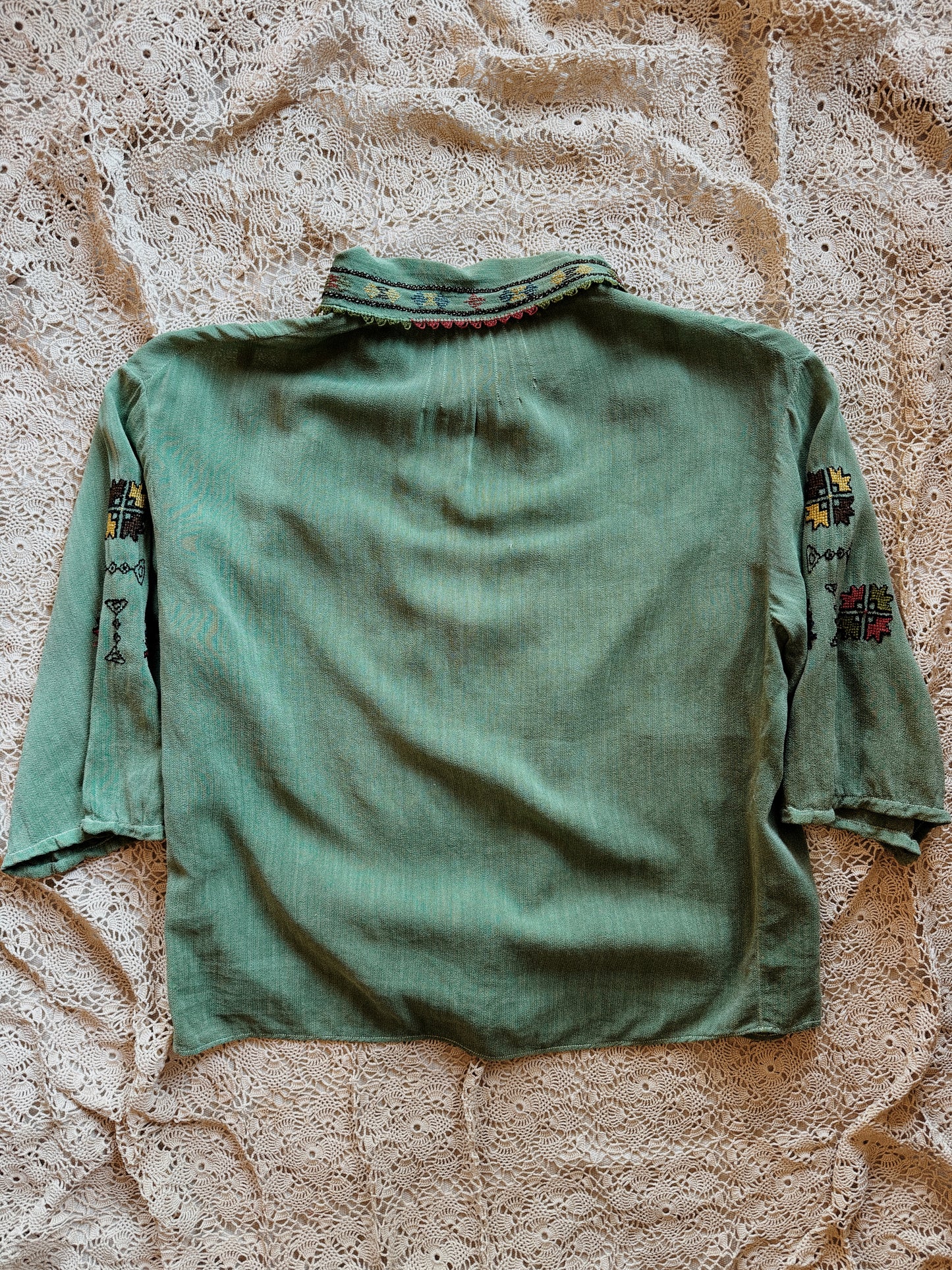 1930s Emerald Silk Hungarian Embroidered Peasant Blouse- S/M