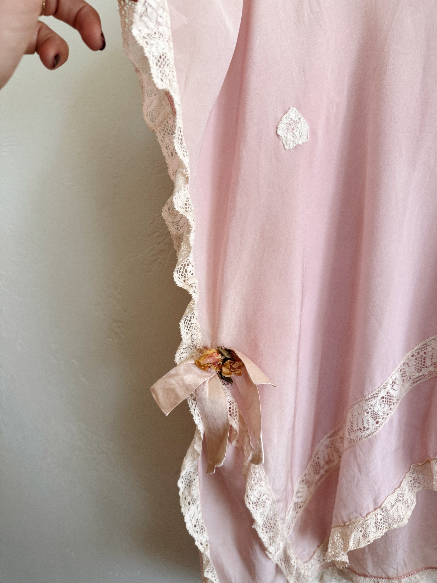 Edwardian Pink Silk + Lace Tabard Bed Jacket- S-L