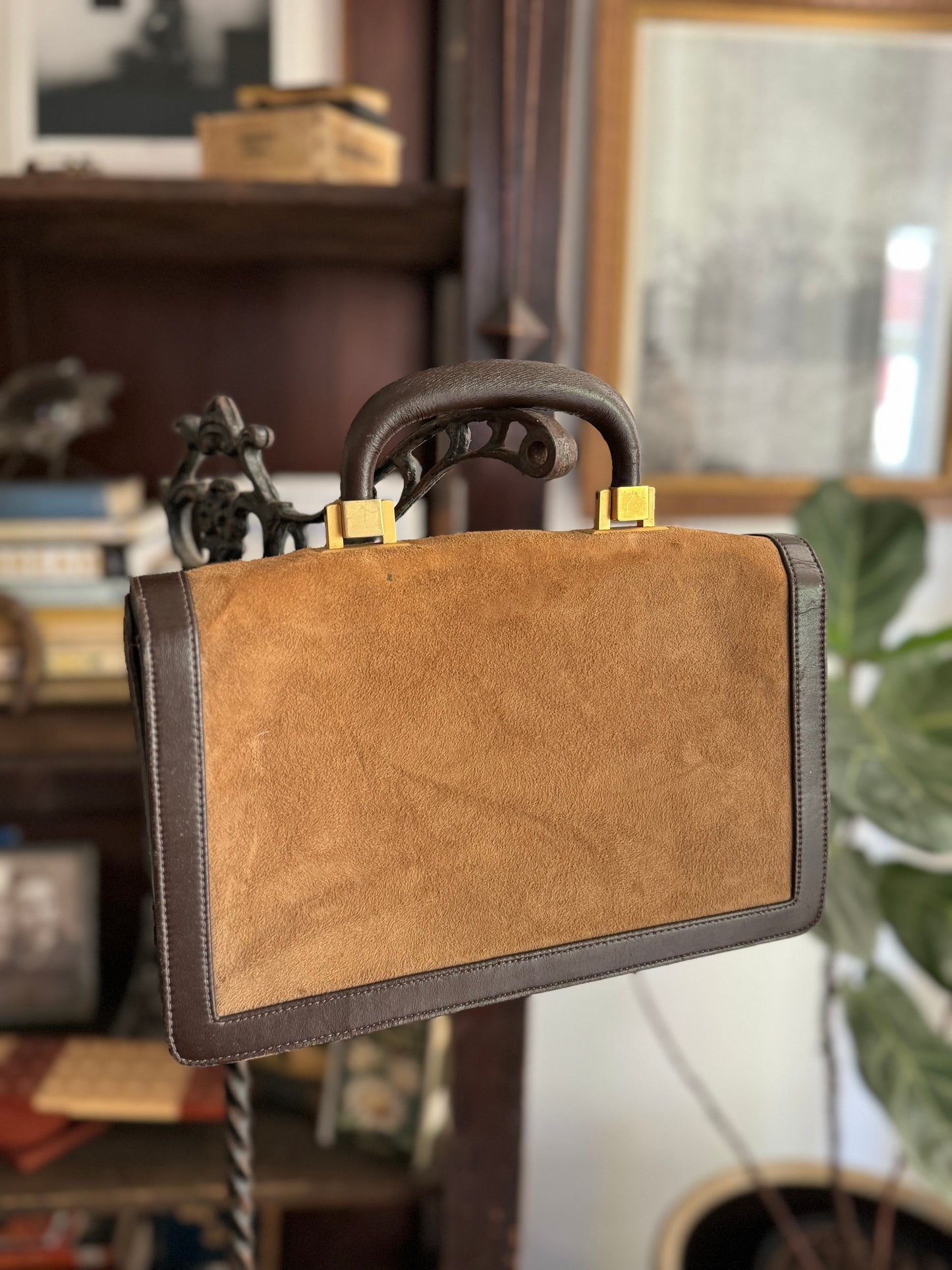 1950s/60s Camel Suede Top Handle Bag- S/M