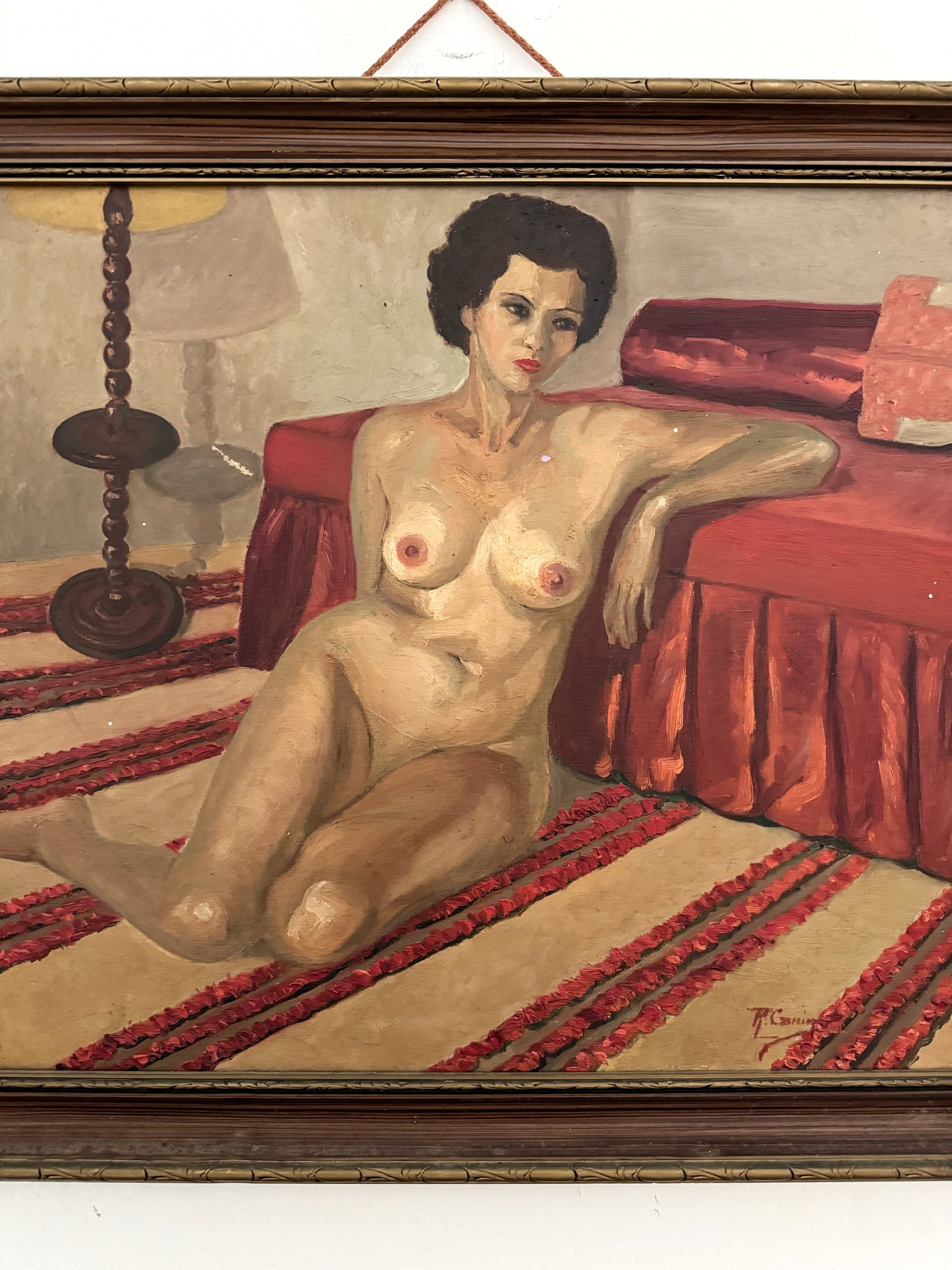 Mid Century Nude of Moroccan Woman on Red Striped Carpet- 21 x 25”