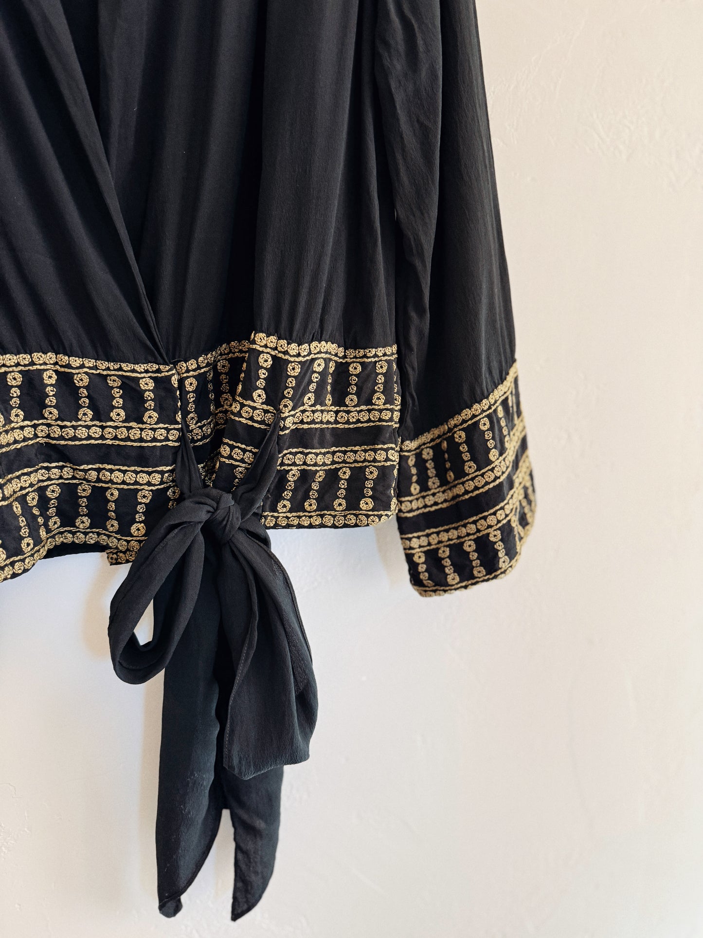 1920s/30s Grecian Black Silk Crepe Blouse w/ Gold Embroidery- S/M