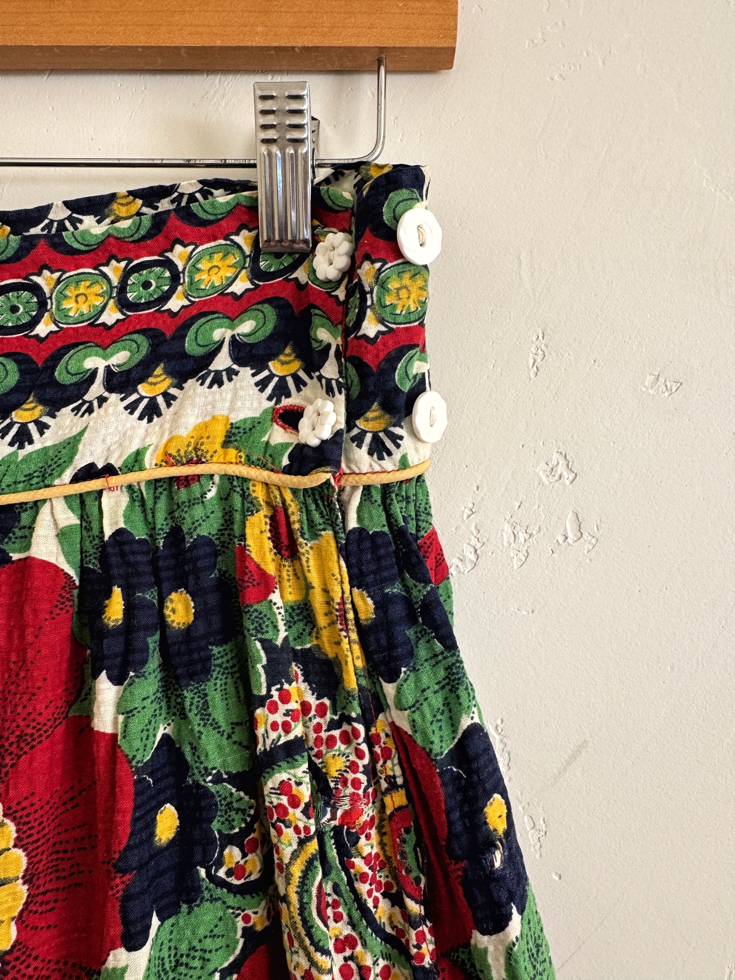 1940s Red + Navy Floral Seersucker Maxi Skirt- S/M